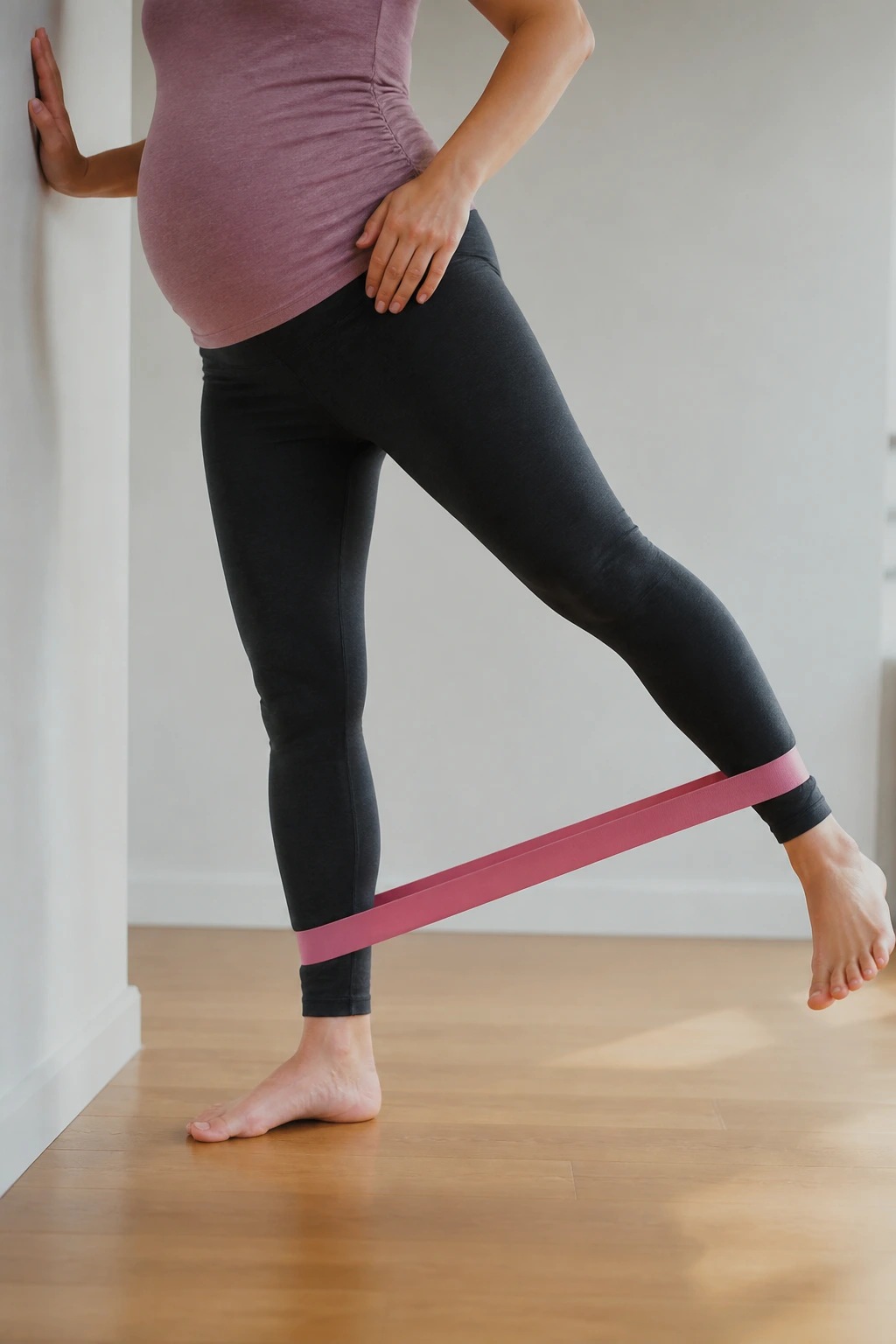 Side leg lift with loop band performed by a real person near a wall