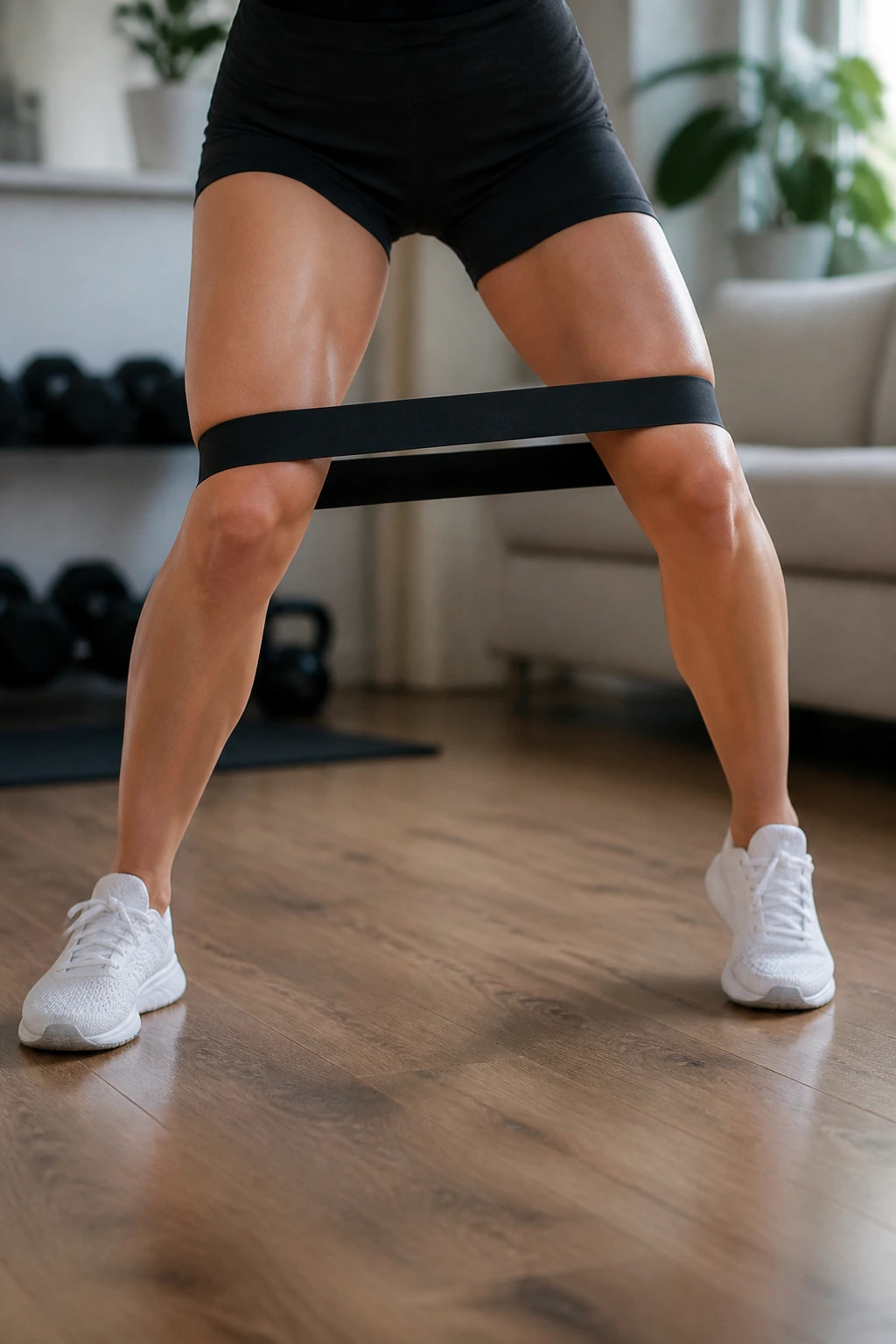 Person wearing loop band around knees performing lateral walks