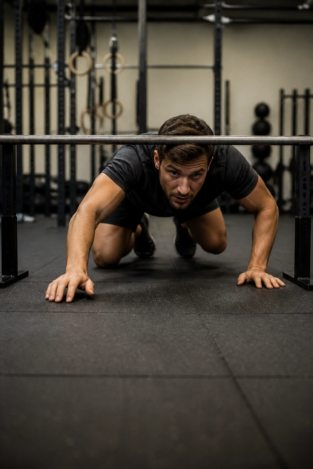 Medium-close shot of a fit adult crawling under a low bar in a gym