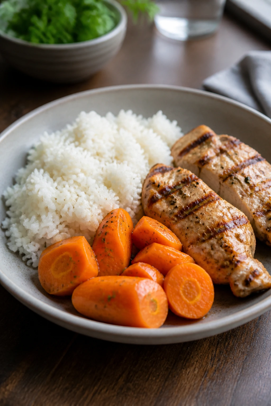 Plate with white rice, chicken, and cooked carrots for low-bloat plan