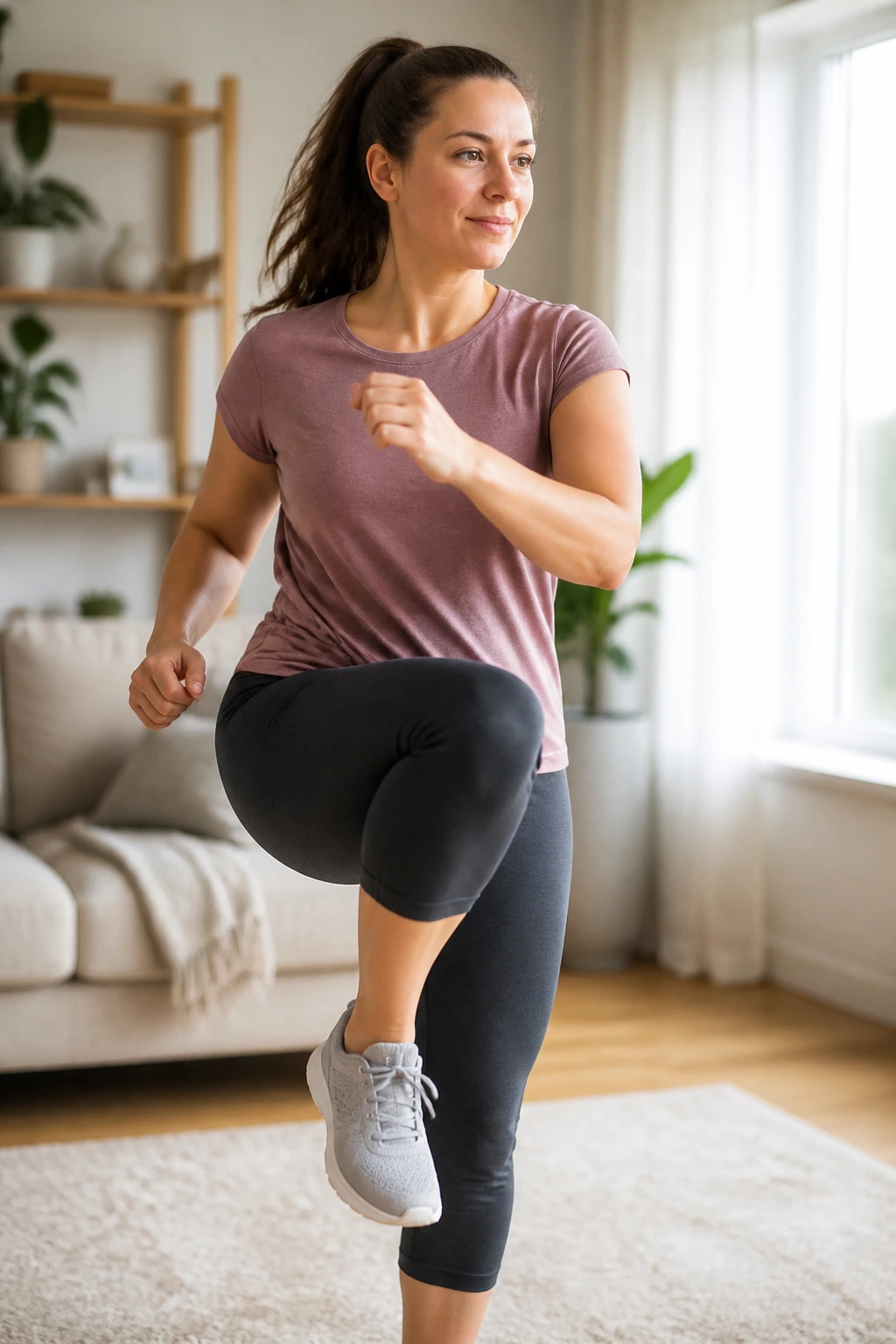 Real woman doing a low-energy four-move cardio routine in a cozy living room