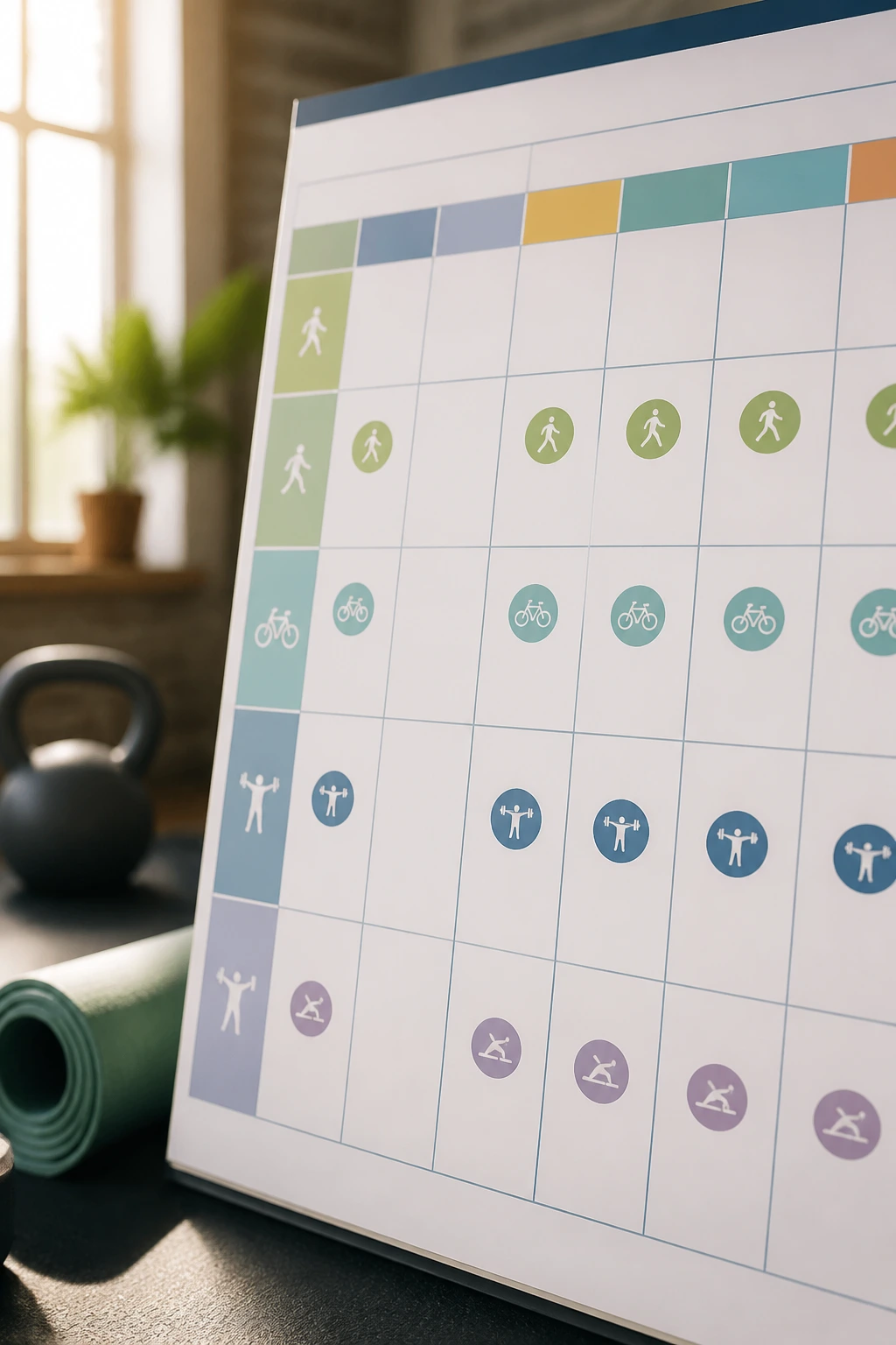 Close-up of a calendar grid depicting low-impact workouts in a calm setting
