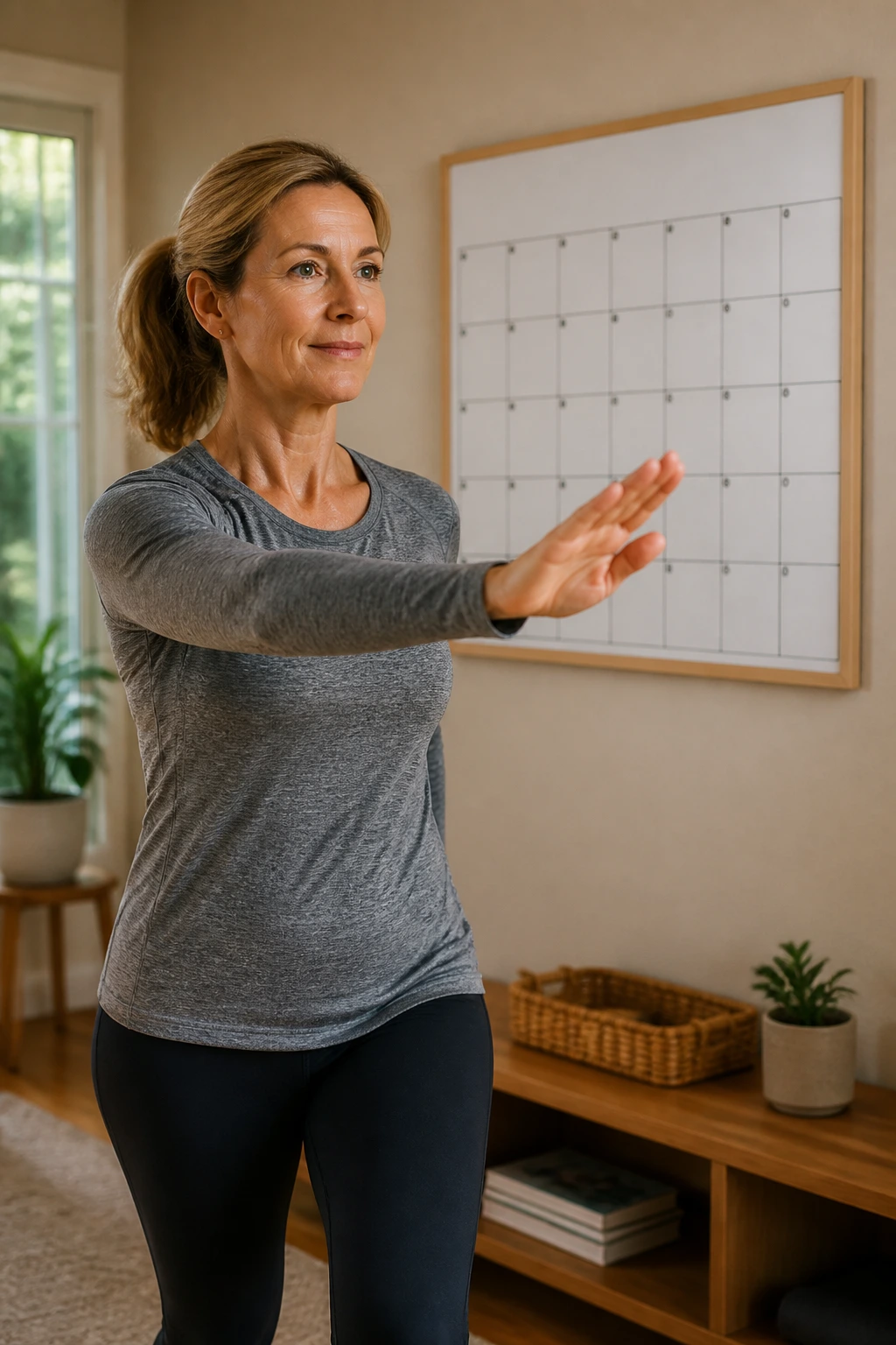 Medium-close shot of a person performing a gentle movement in a bright living room with a blank calendar grid on the wall behind.