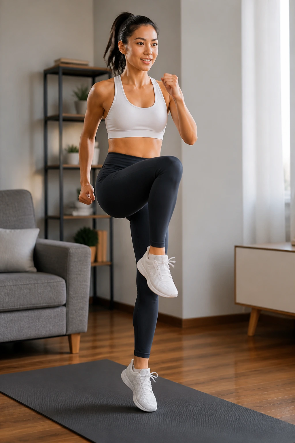 Person doing a low-impact cardio march in a small apartment