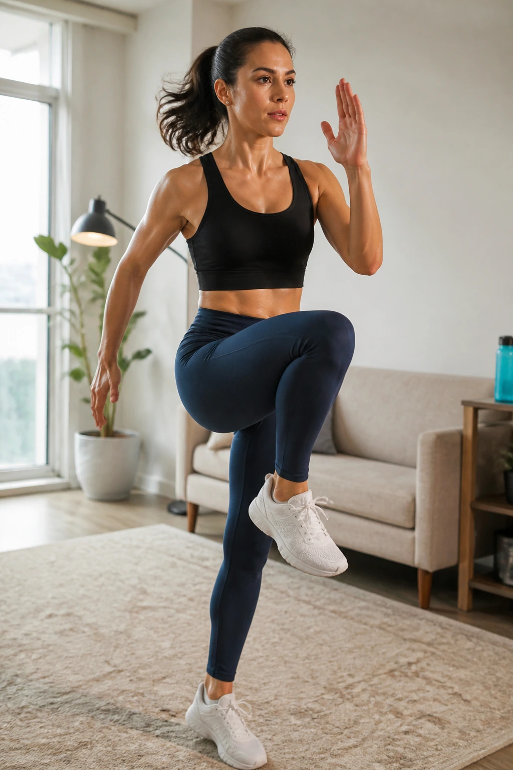 Person doing fast marching and shadow boxing in a home