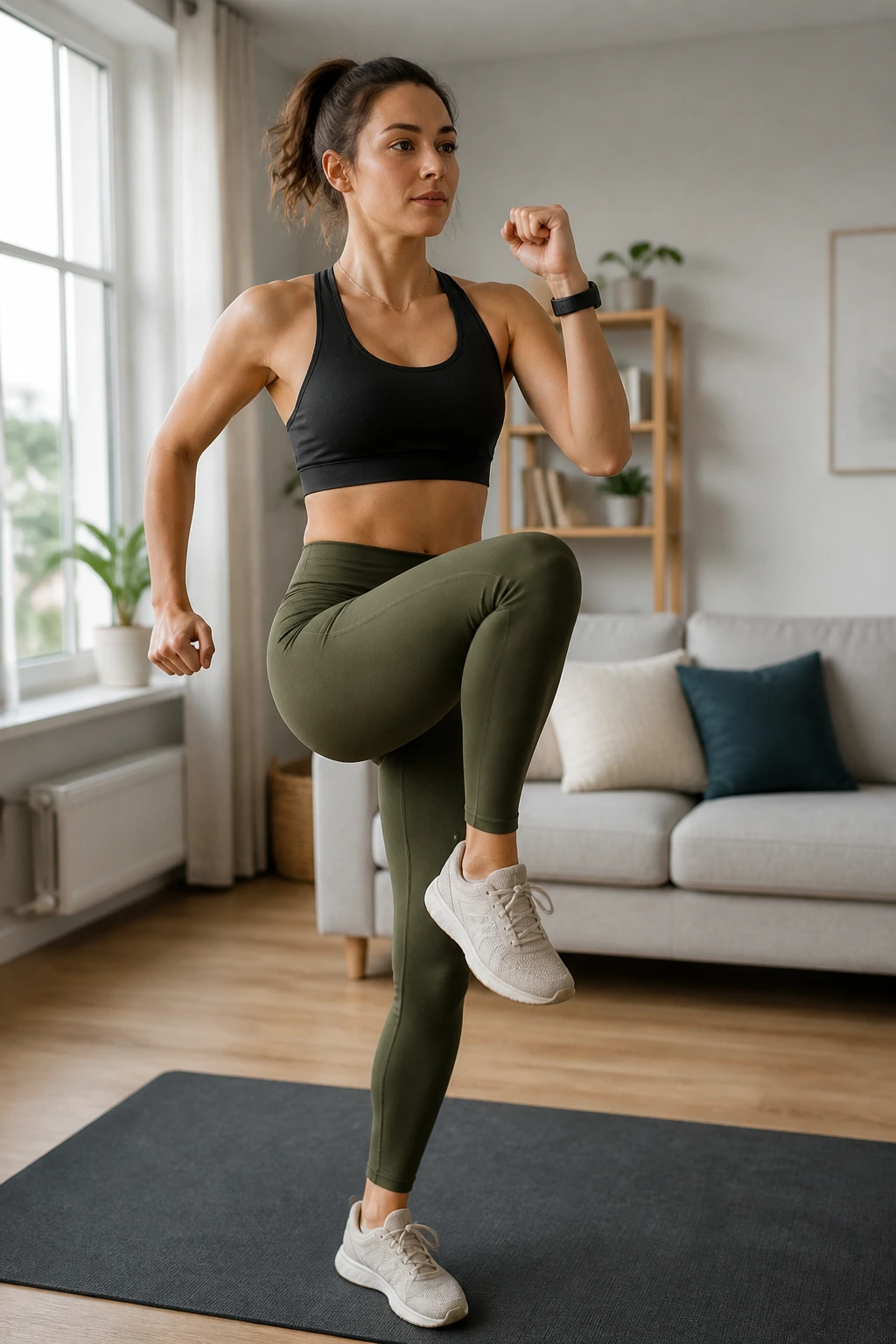 Medium close-up of a person doing low-impact cardio in a quiet apartment.