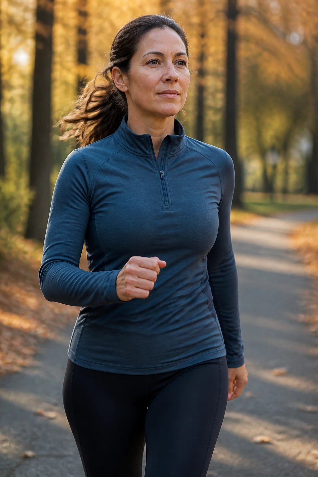 Woman walking on a park path in autumn, showcasing low-impact cardio with core engagement