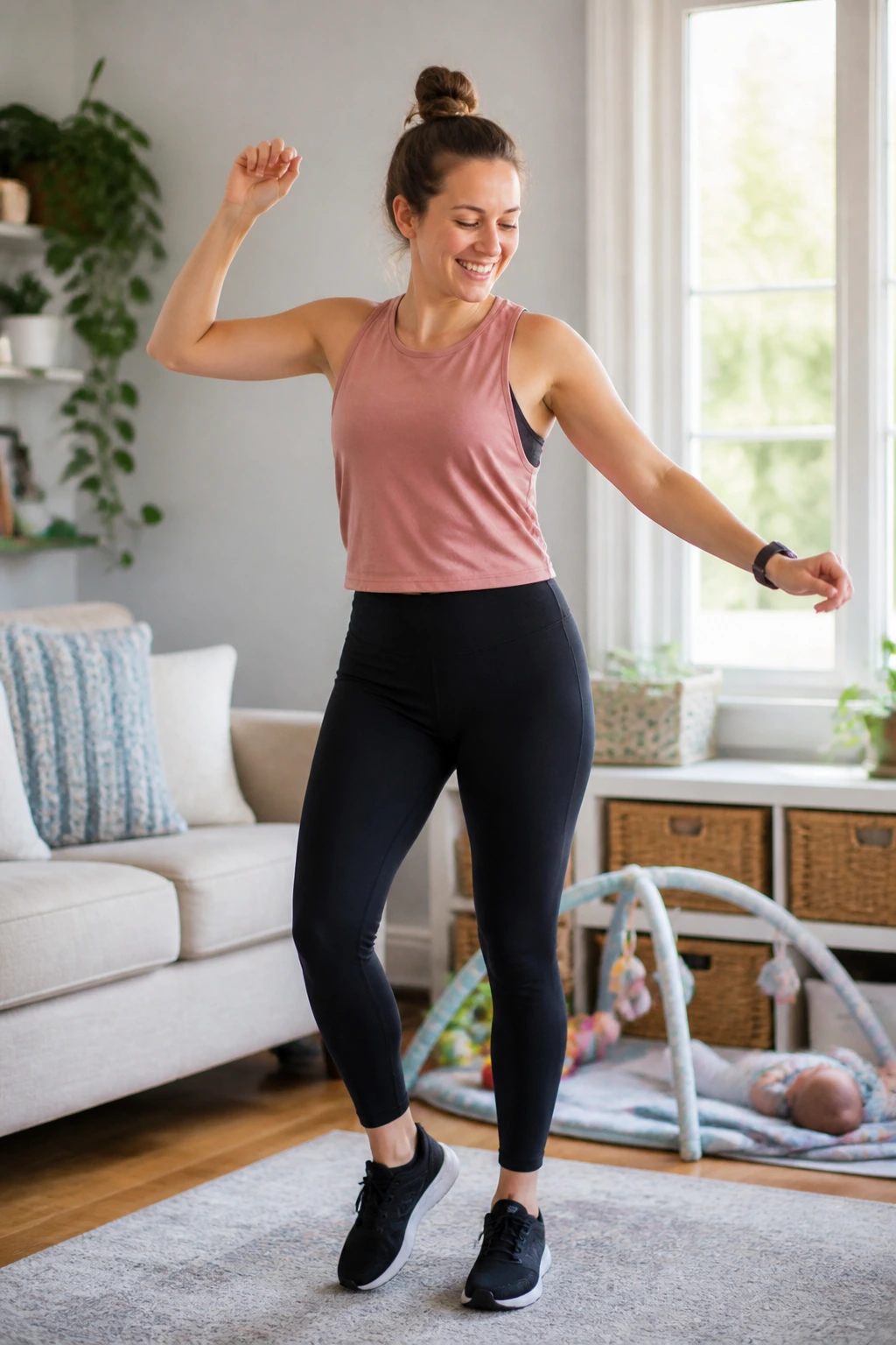 Postpartum mom dancing in living room for low-impact cardio