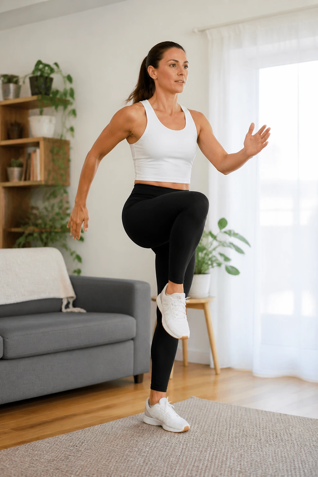 Person doing low-impact cardio moves in a living room for EMOM workout.