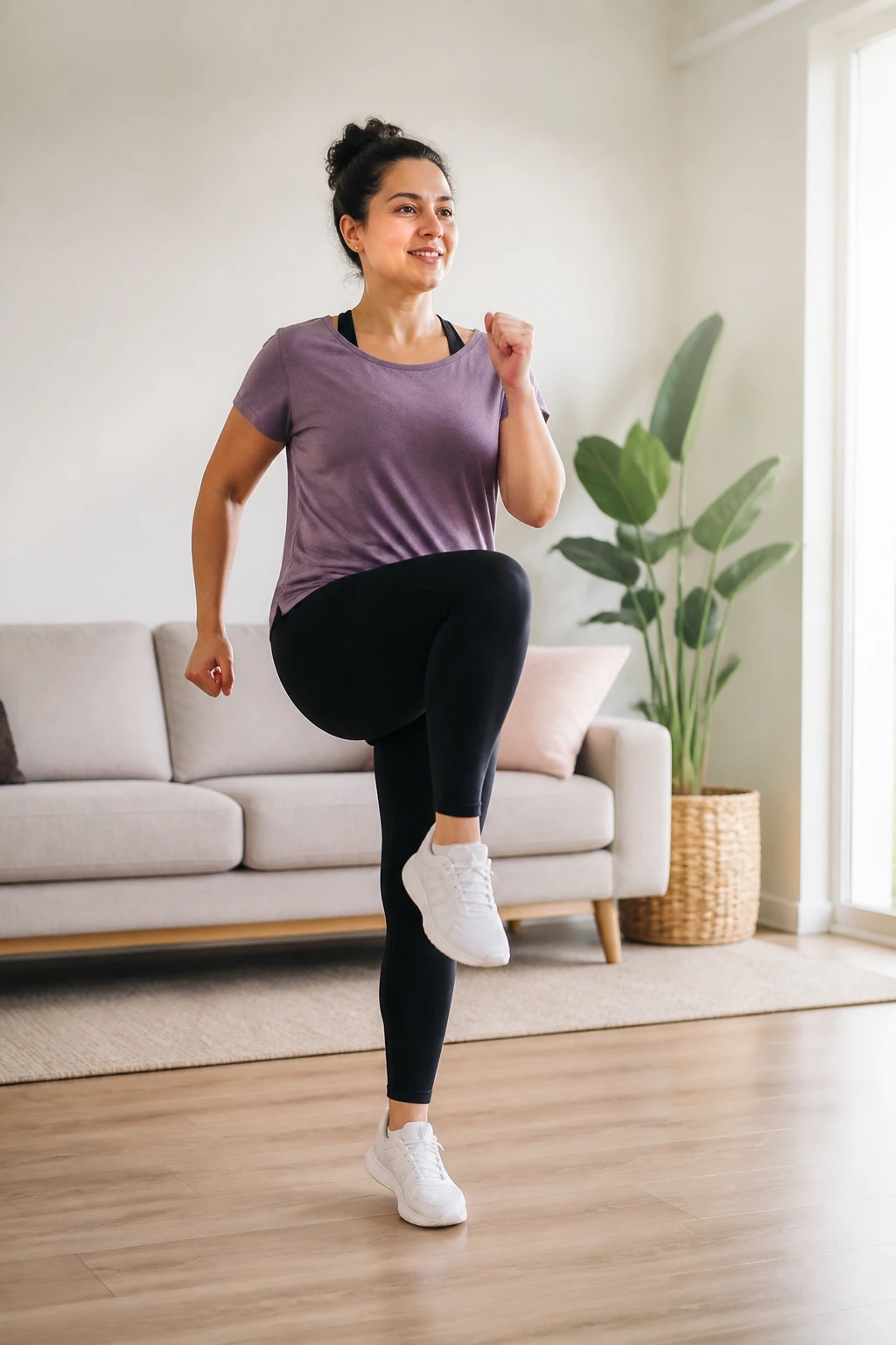 Real woman doing low-impact cardio movements in a bright living room