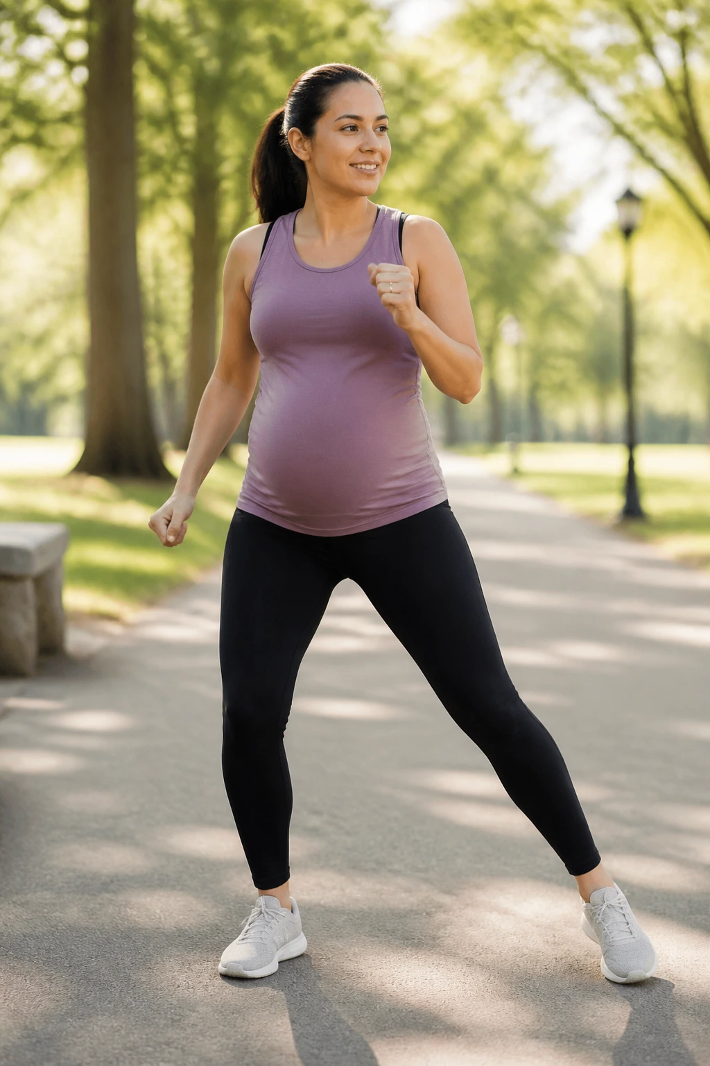 Pregnant woman doing low-impact cardio with side steps outdoors