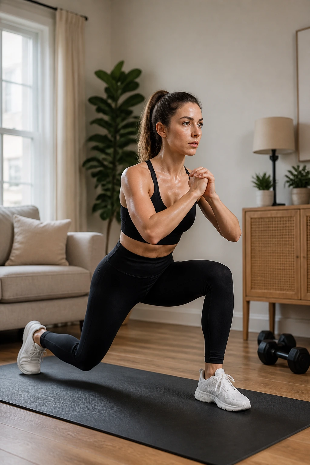 Medium close-up of a person doing step-back squats in a home gym