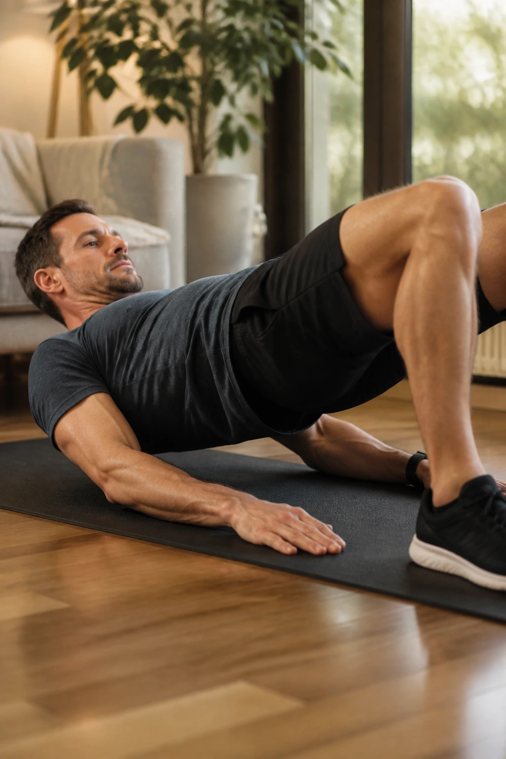 Person performing no-jump conditioning exercise on a mat in a home setting