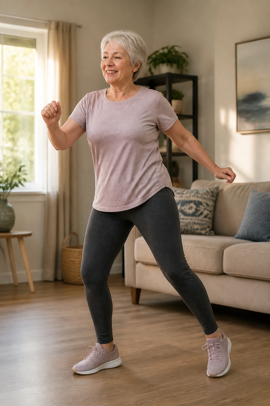 Senior dancing at home with gentle steps and arm swings.