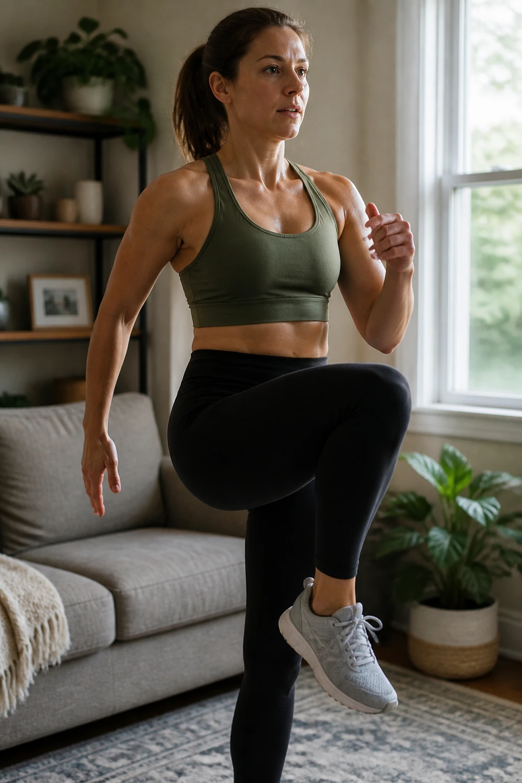 Woman performing marching high knees in a small home space
