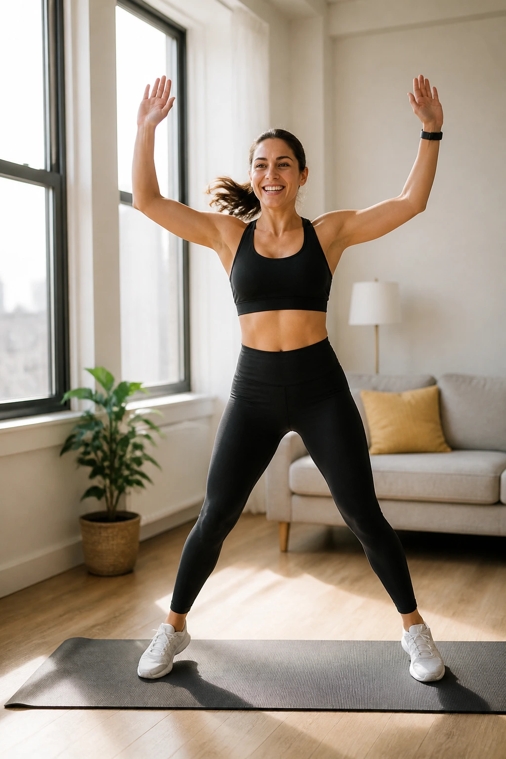 Person doing low-impact jumping jacks on a mat in a small apartment