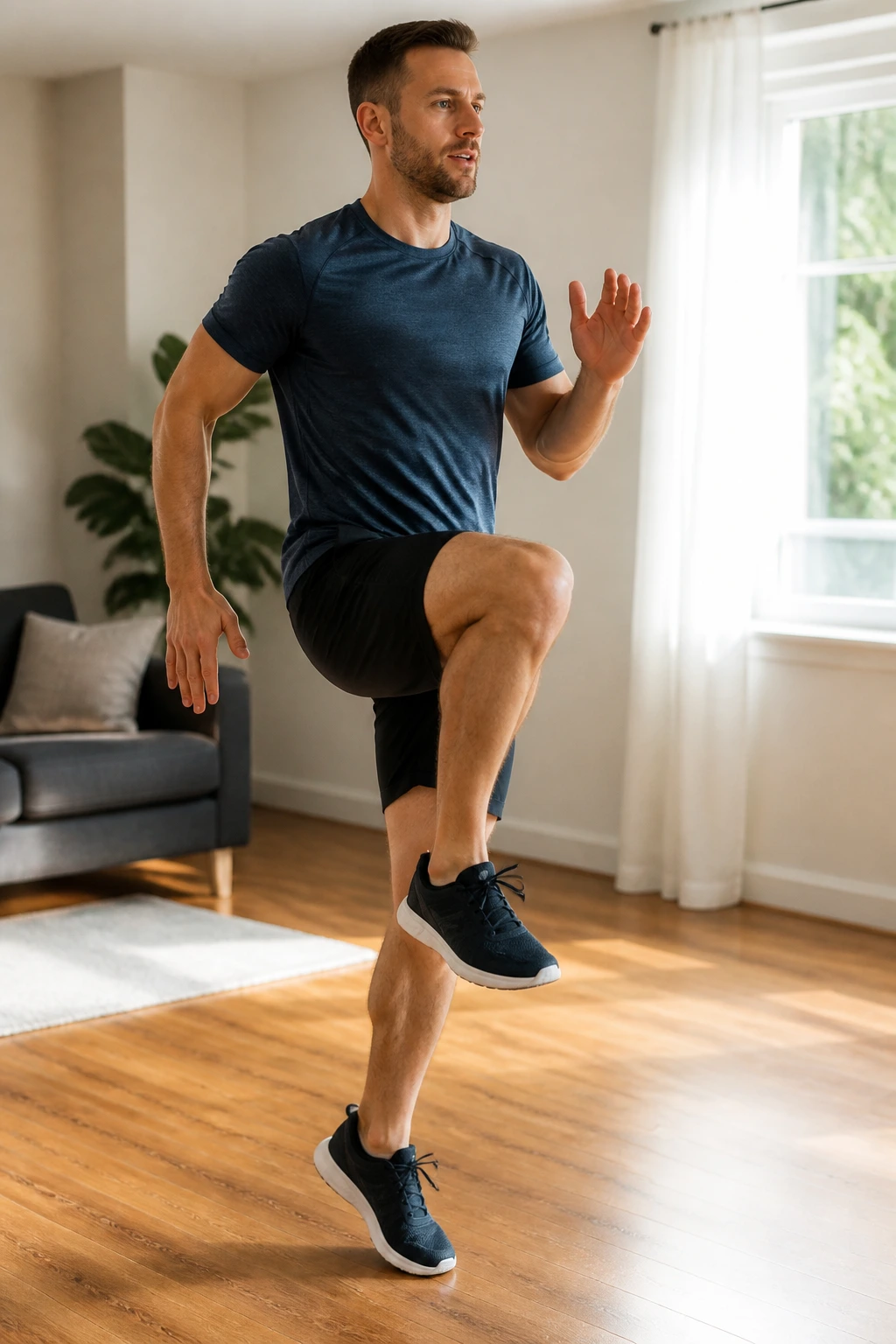 Person doing low-impact marching circuits in a living room