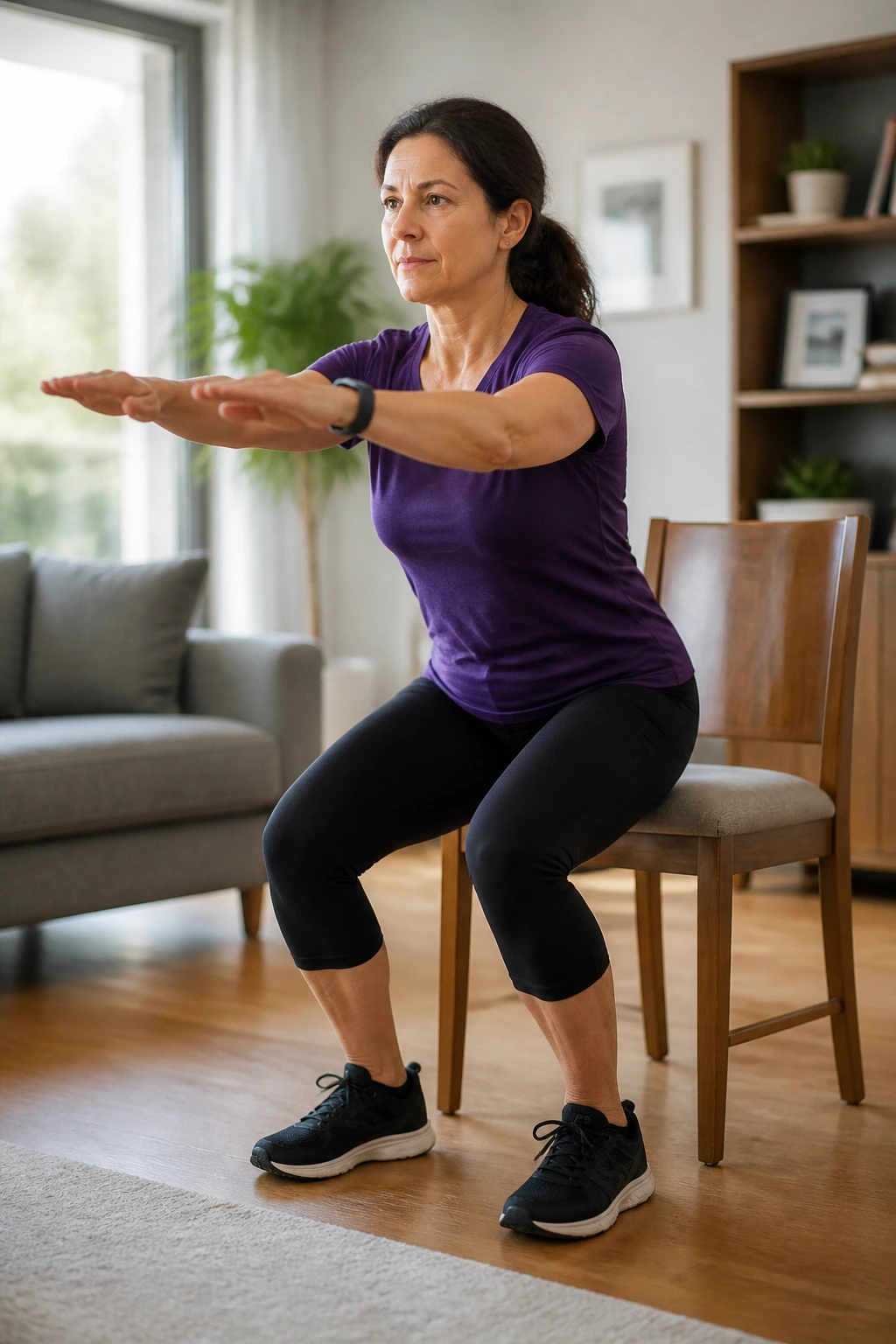 Medium close-up of a person doing chair squats at home