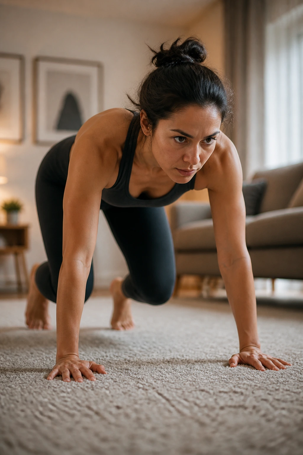 Close-up of a person performing bear hover on a carpet in a home setting