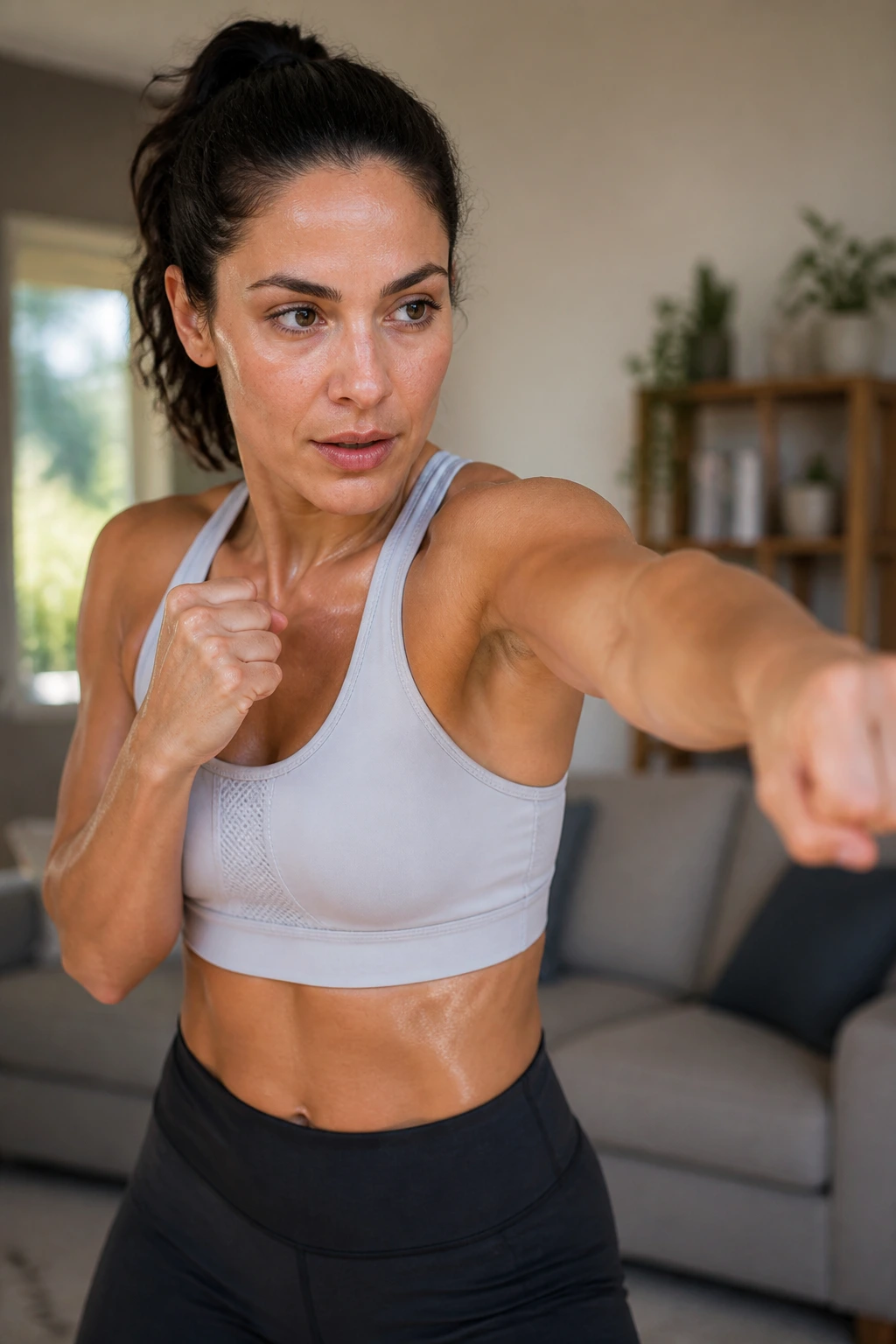 Close-up of a woman performing standing punches in a bright home living room
