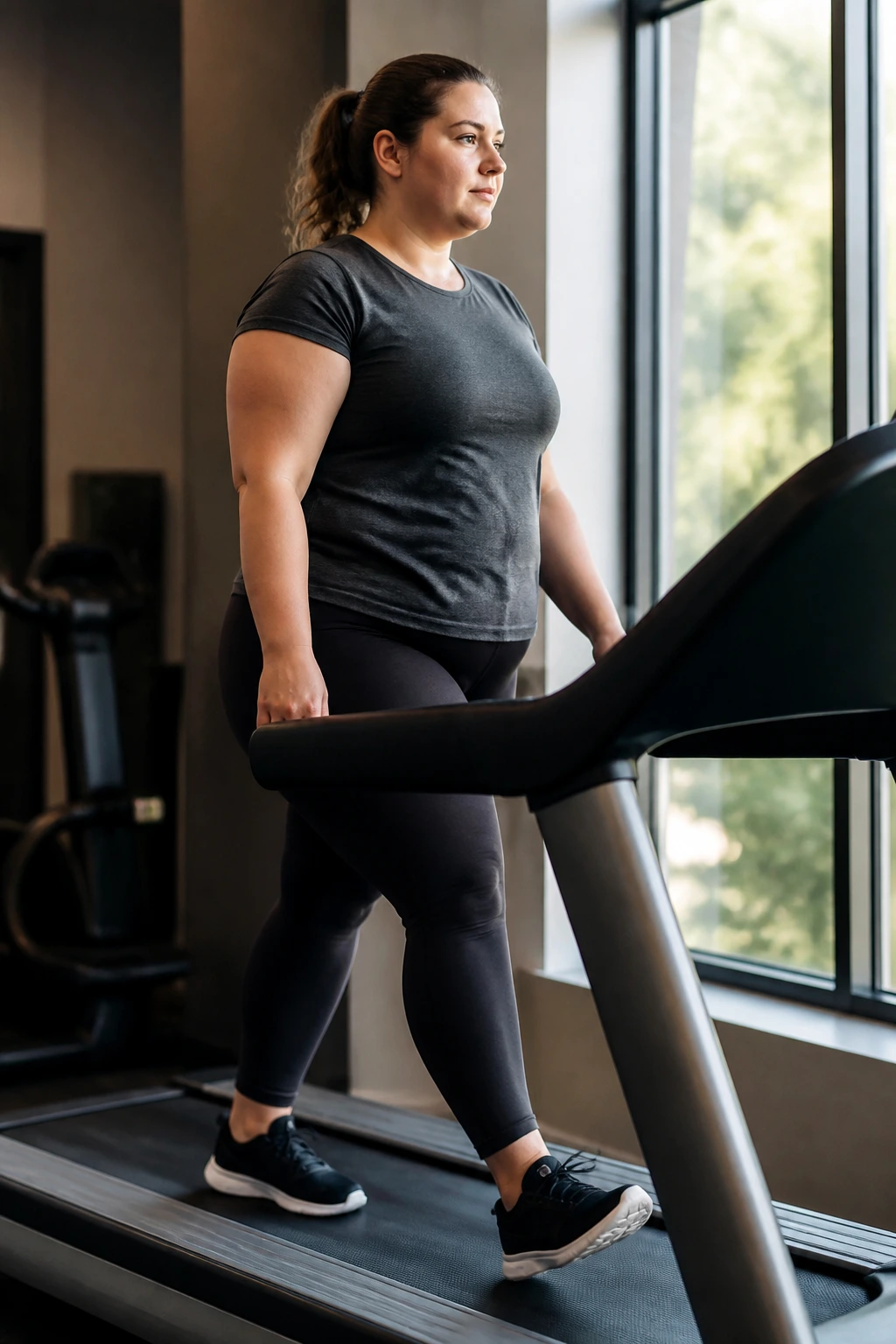 Person walking on a treadmill with a gentle incline in a gym
