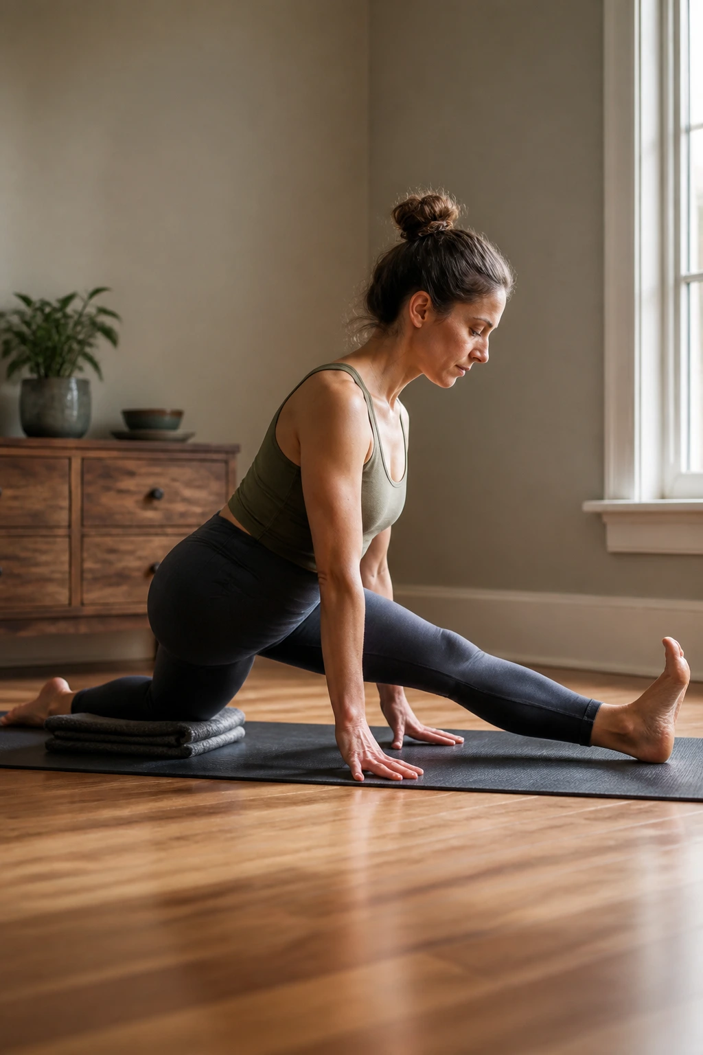 Person in low lunge transitioning to half split on a mat