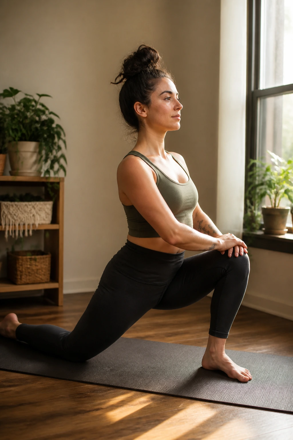 Person in low lunge with hip rocks on a mat