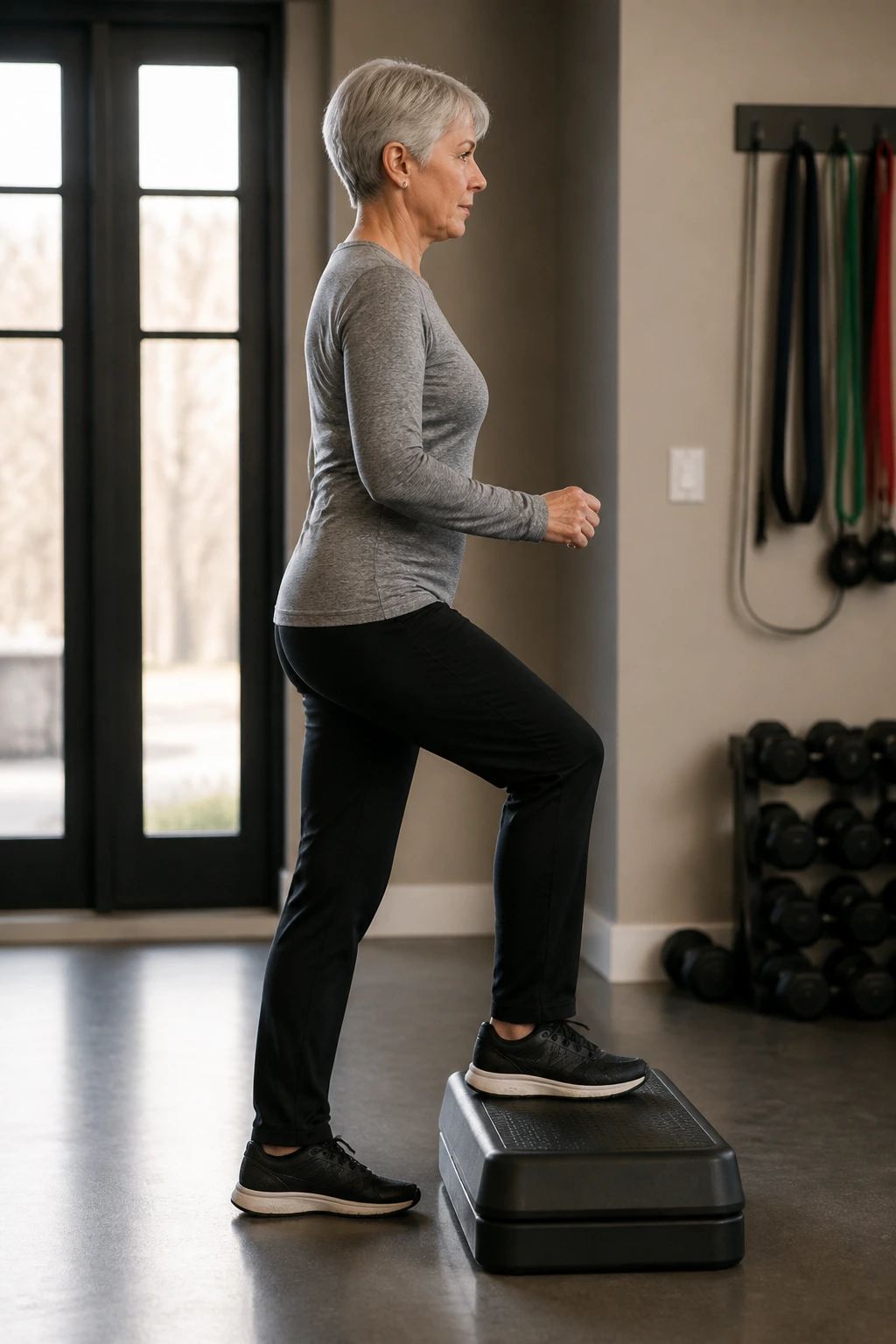 Older adult performing a low step-up with proper form in a home setting