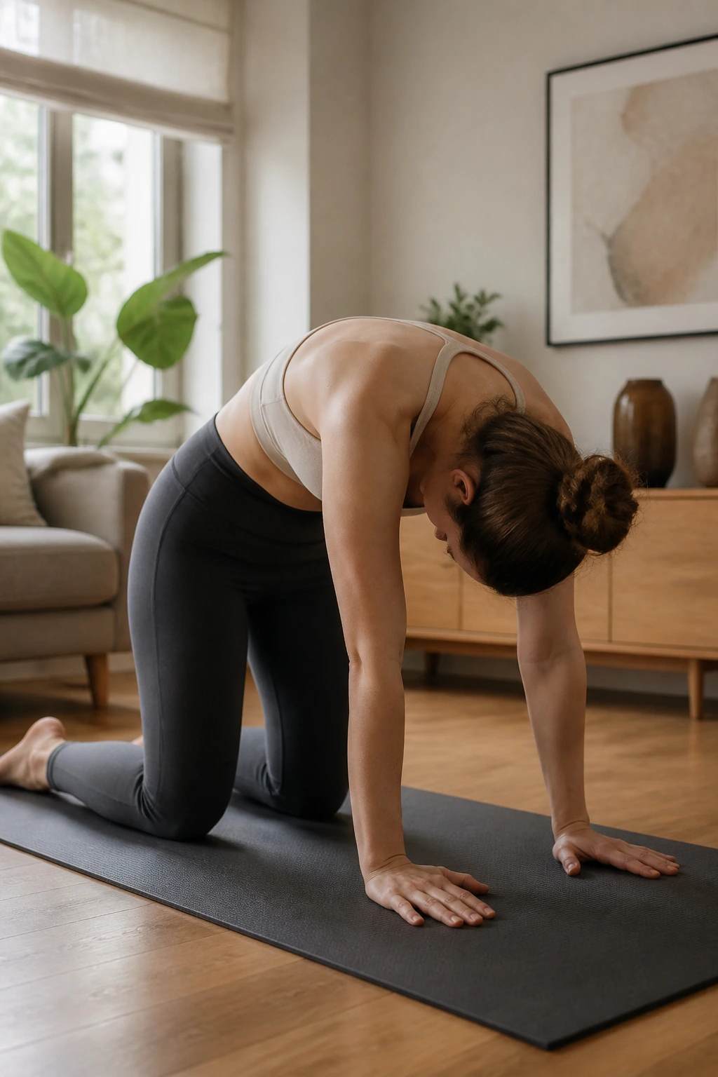 Person on hands and knees performing cat pose for back decompression