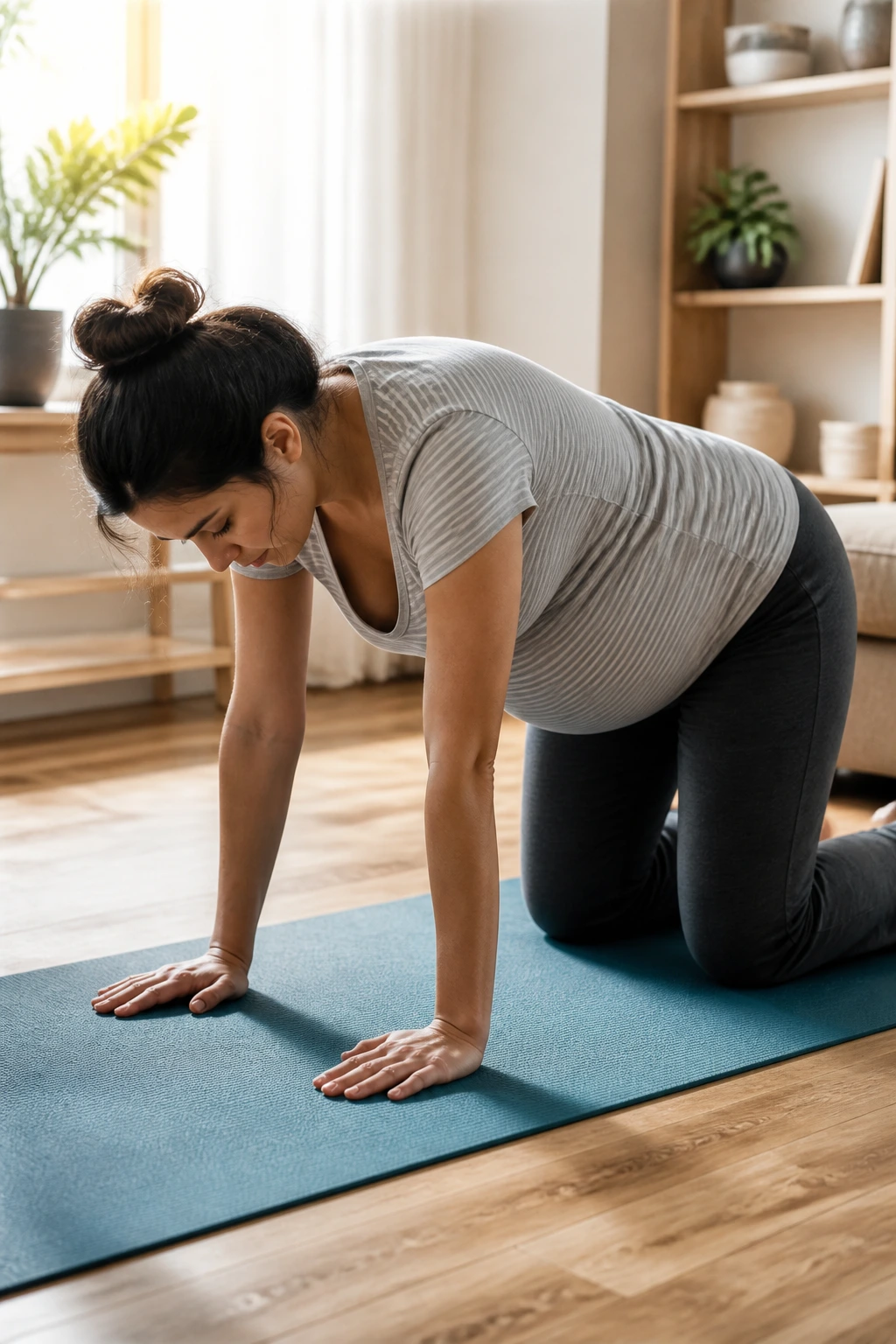 Pregnant woman performing mobility flow for lower back in sunlit room