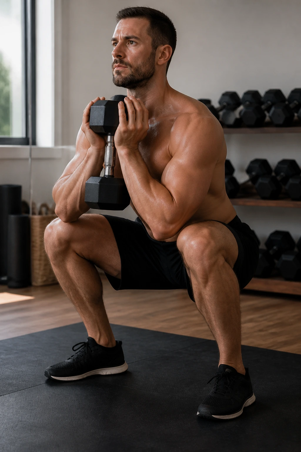 Athlete performing goblet squats in a home gym