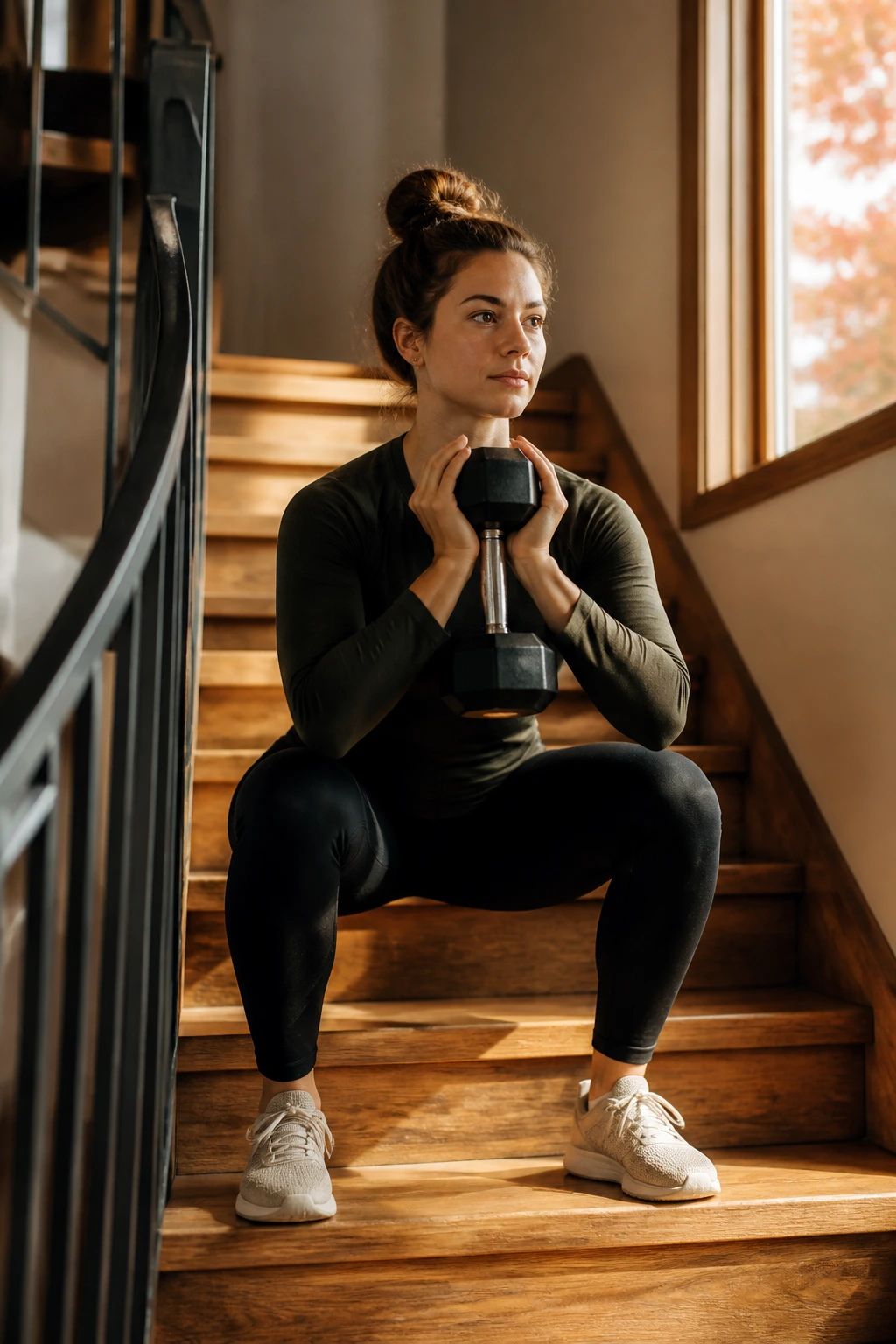 Woman on wooden stairs performing goblet squat with dumbbell in autumn light