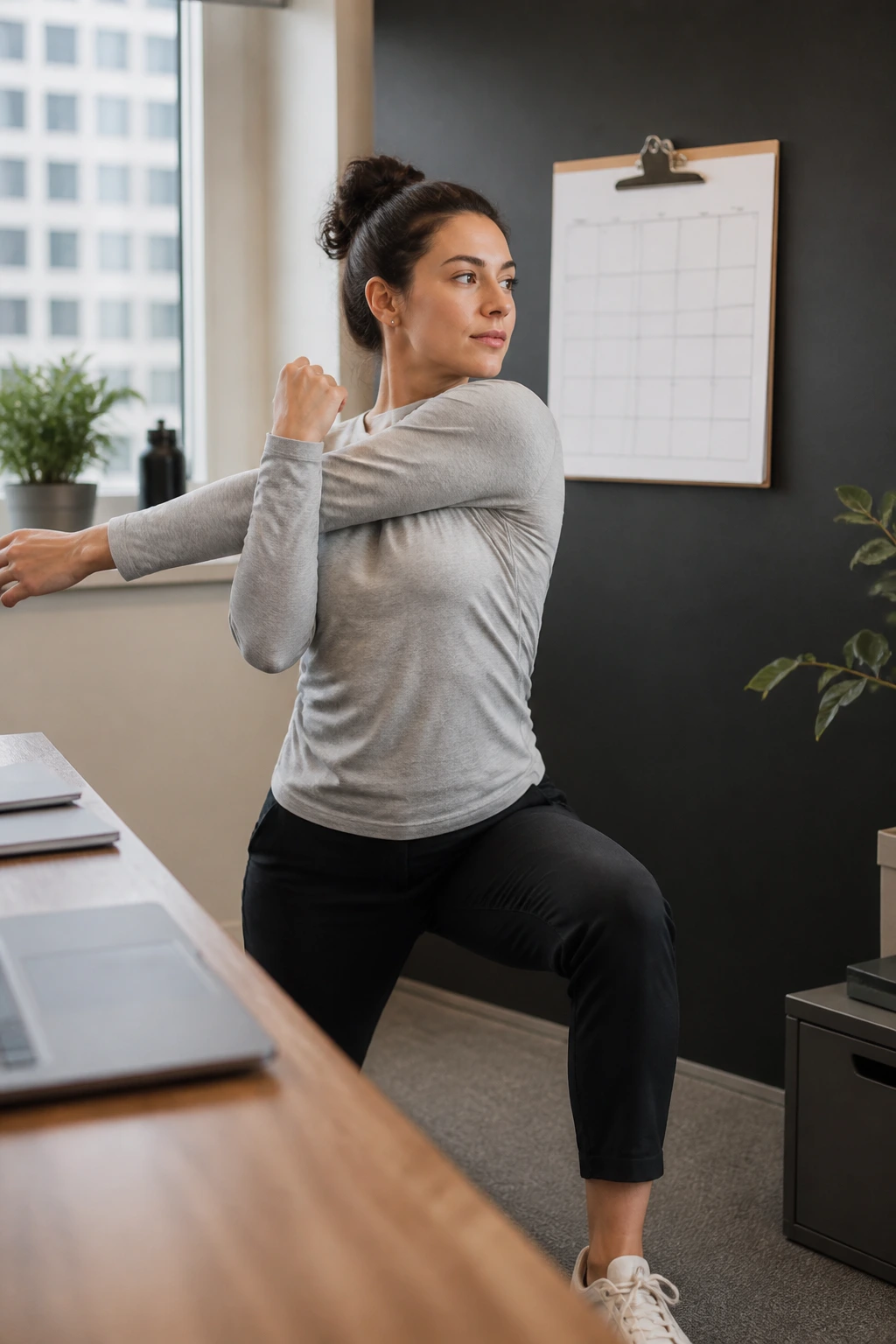 Medium-close shot of a person doing a quick mobility drill in an office break room with a blank calendar grid on a clipboard behind.