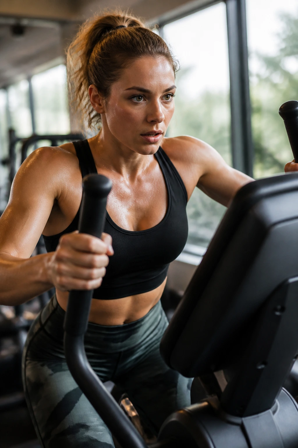 Woman on cross trainer during lunch-break fat-burn circuit in gym