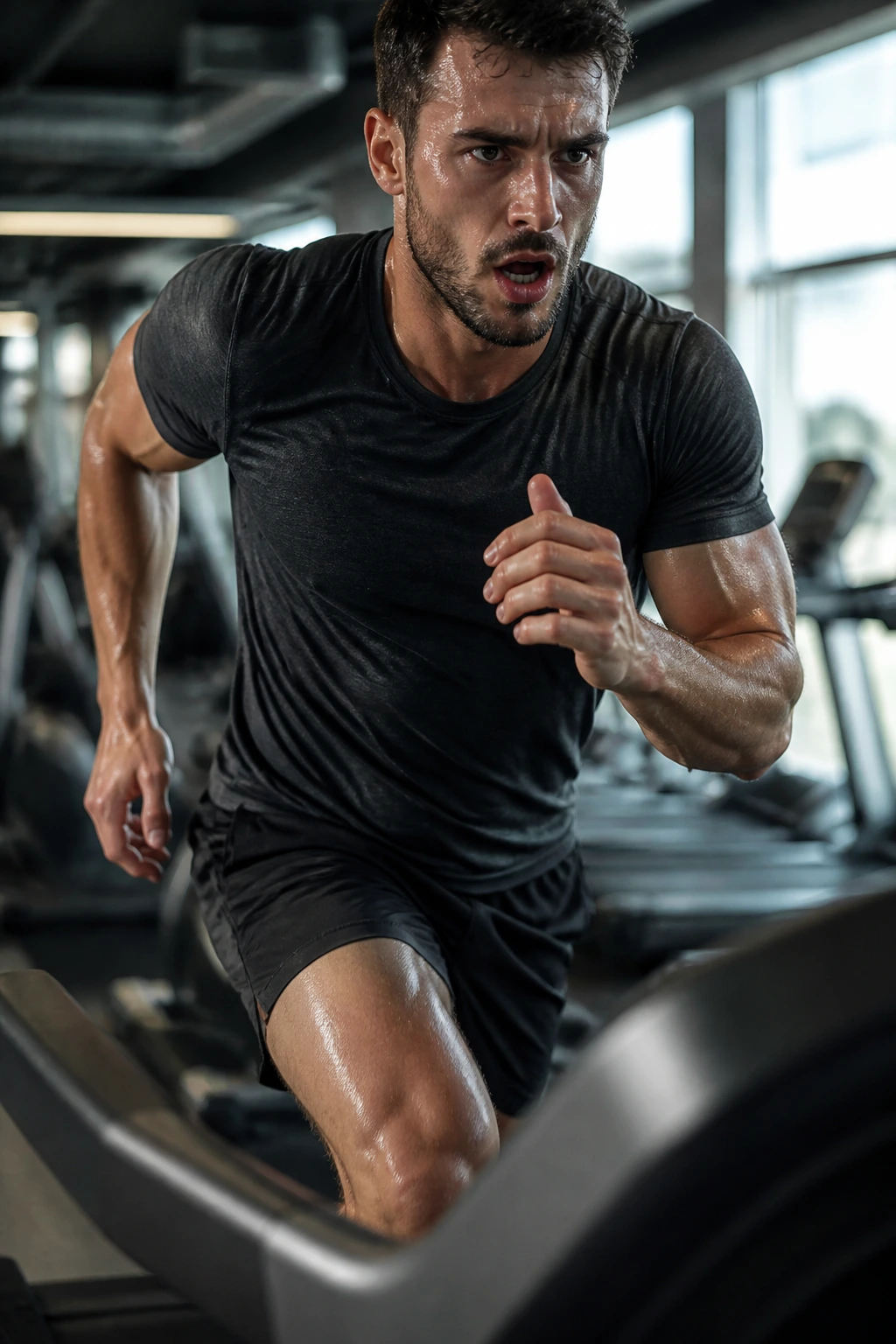 Real person sprinting on treadmill during a quick lunch-break HIIT