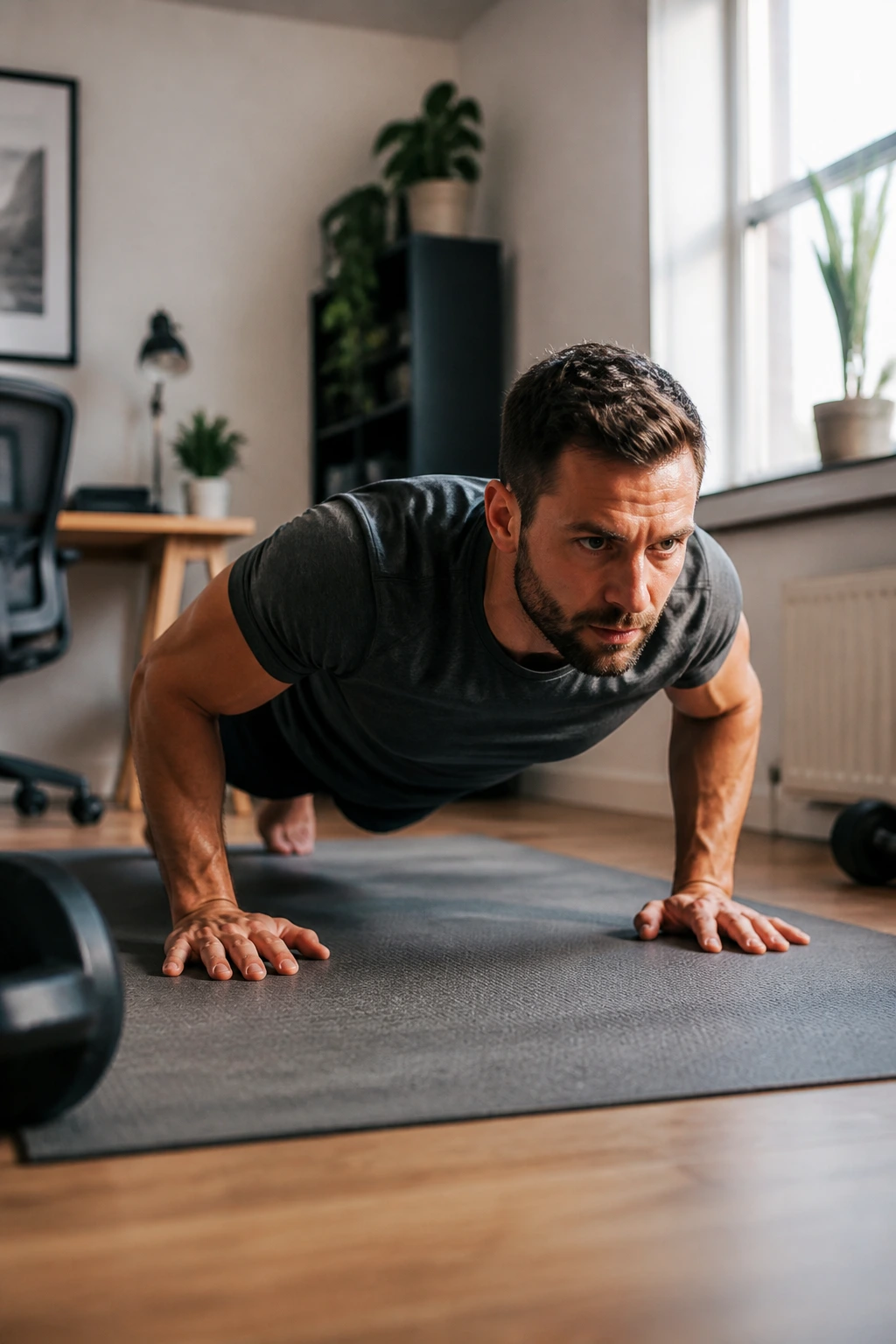 Person performing a quick push-up in a small home gym during lunch break.