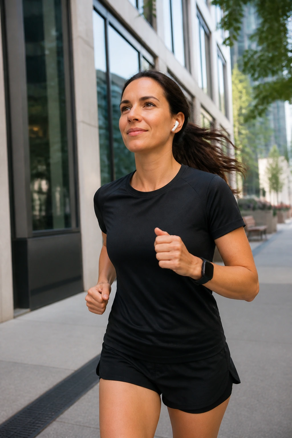 Runner on a city sidewalk during lunch break in daylight