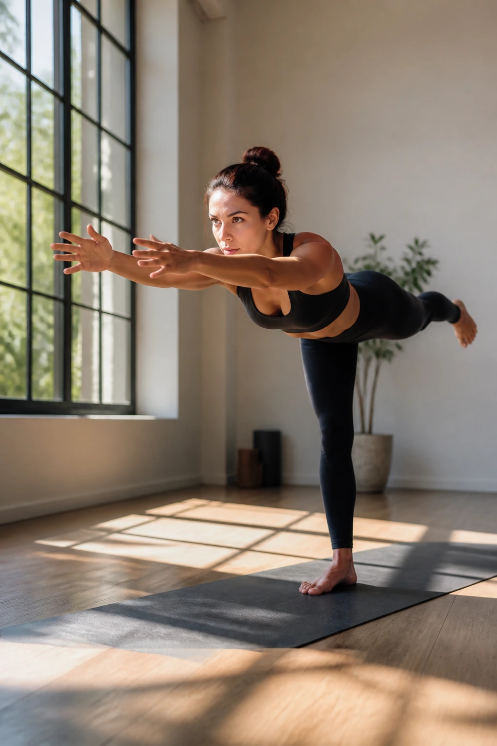 Side profile of a person transitioning from high lunge to Warrior III, balance and core engaged