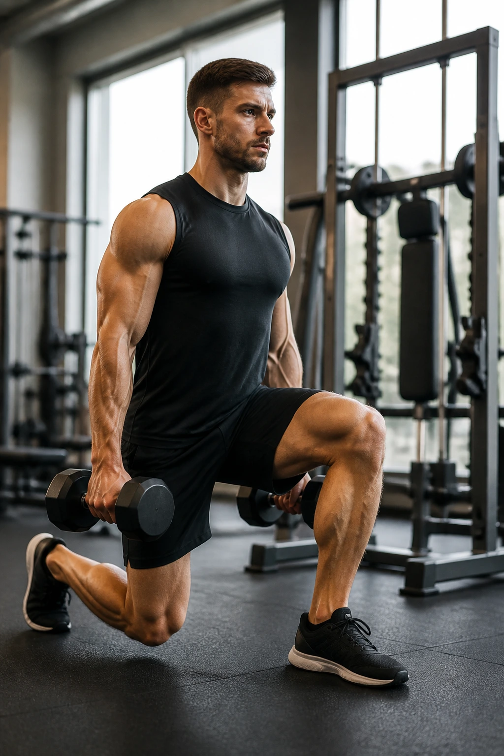 Athlete in walking lunge with calf raise equipment visible in gym