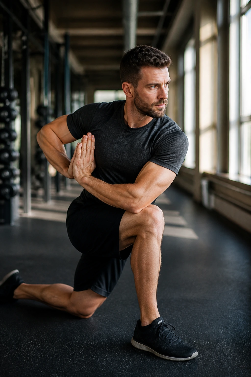 Lunge with twist showing hip opening and thoracic rotation
