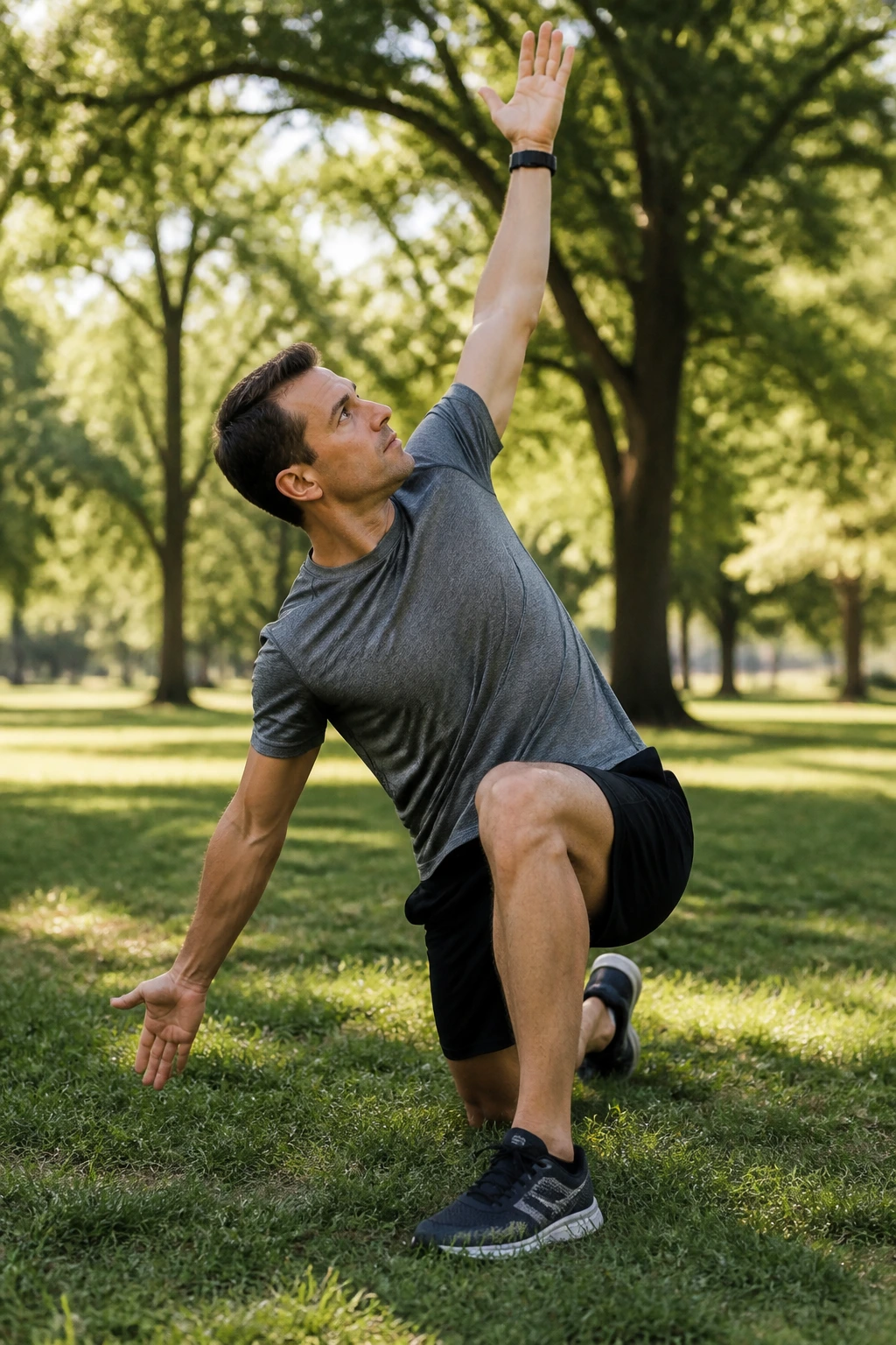 Real person in a lunge with twist outdoors, torso rotated