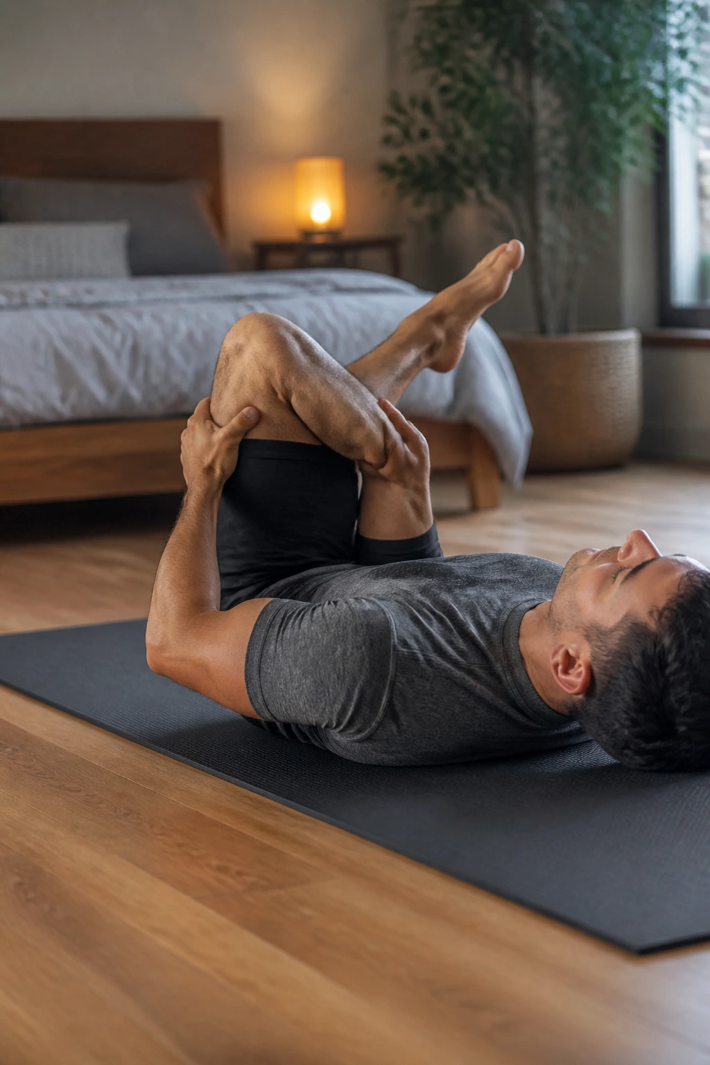 Real person in lying figure-four stretch on a mat with ankle over knee and hands pulling thigh.