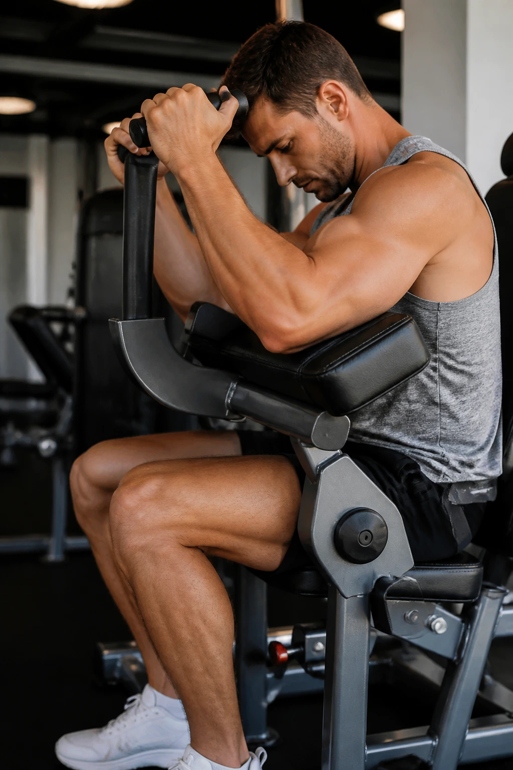 Person using an ab crunch machine, squeezing at the bottom with controlled return