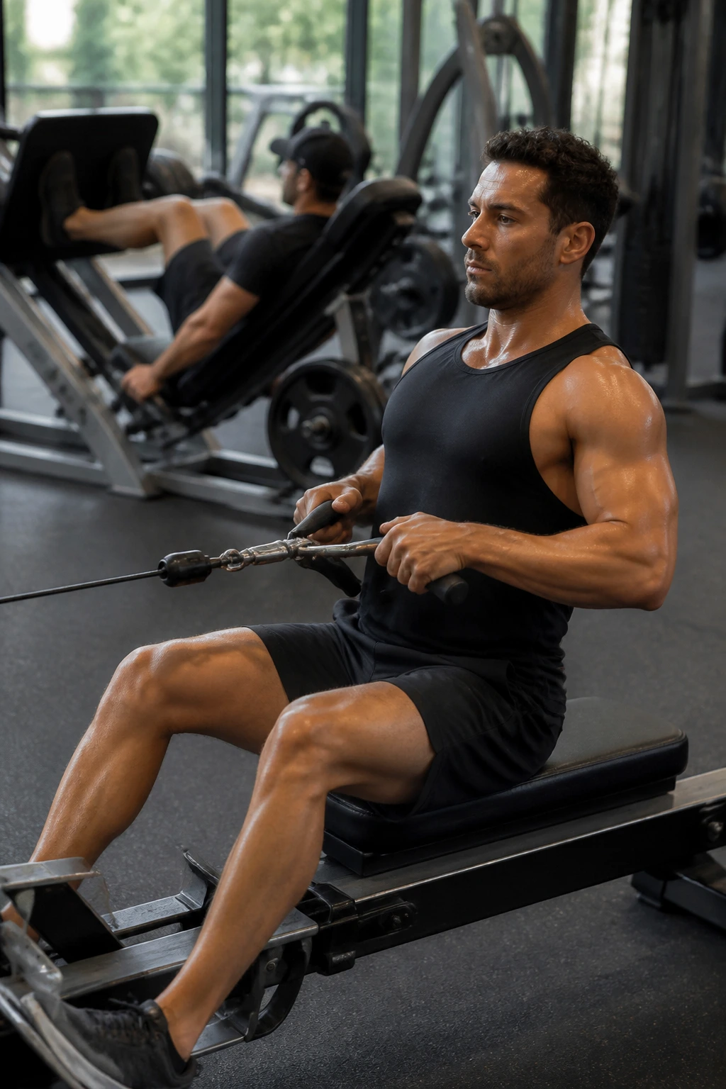 Person using a cable row machine as part of machine-based full body workout