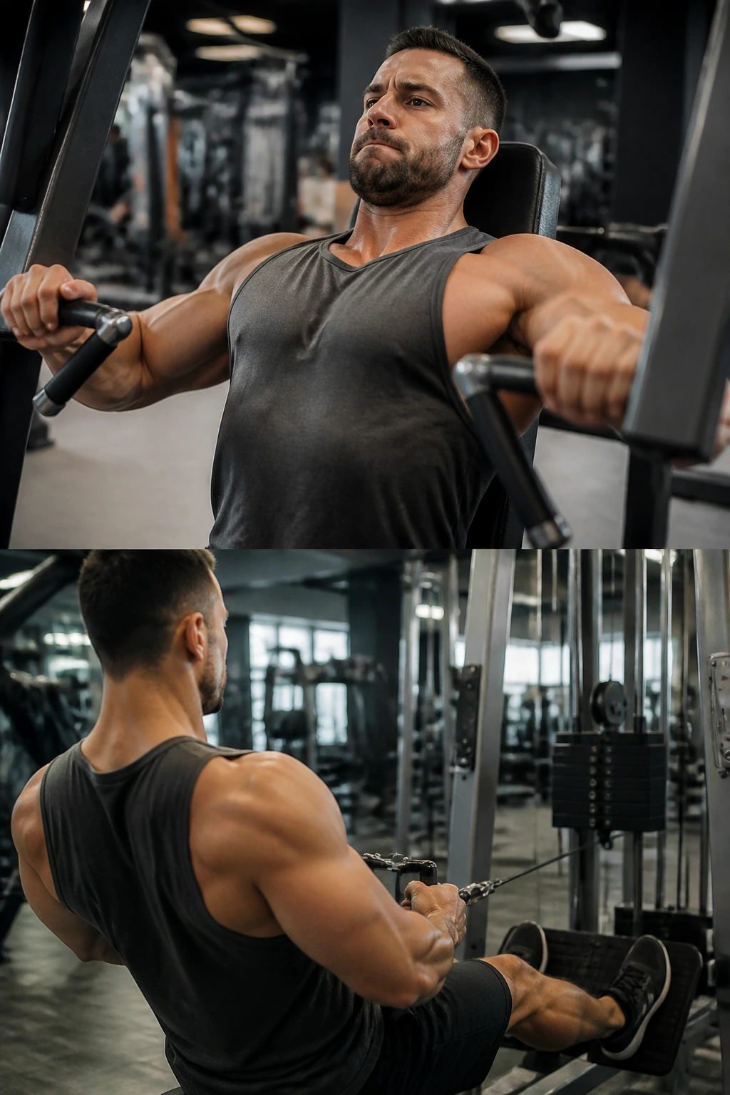 Lifter using machine chest press in gym with focused chest and arm engagement