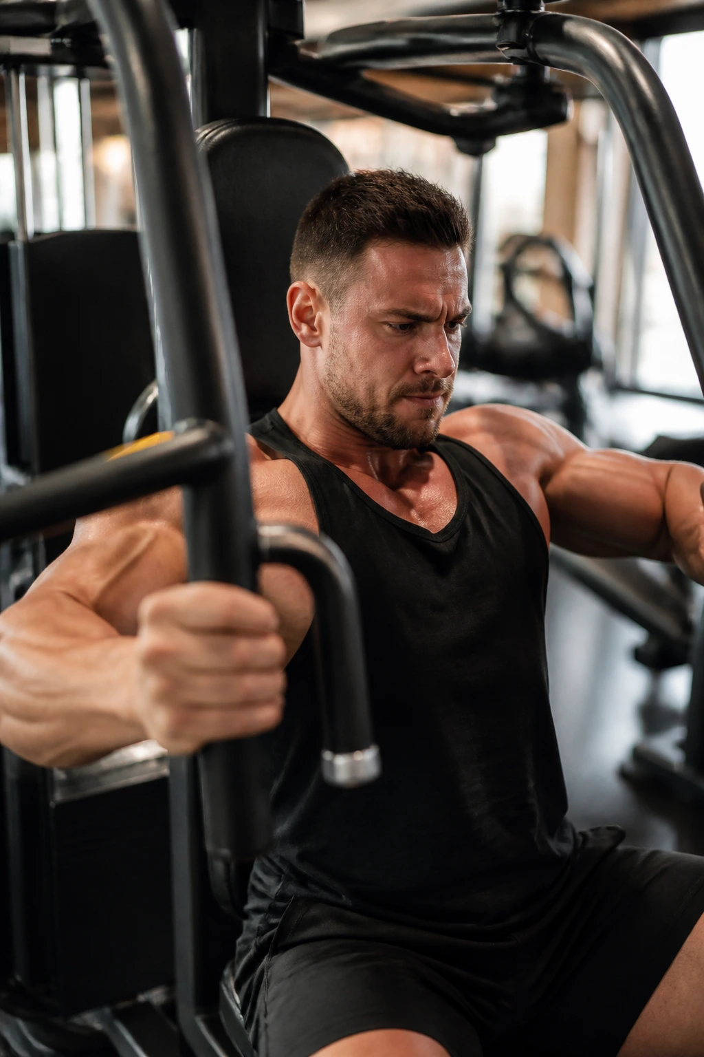 Lifter on a dual-function chest press/pec deck machine in a gym, close-up on upper body during a drop set