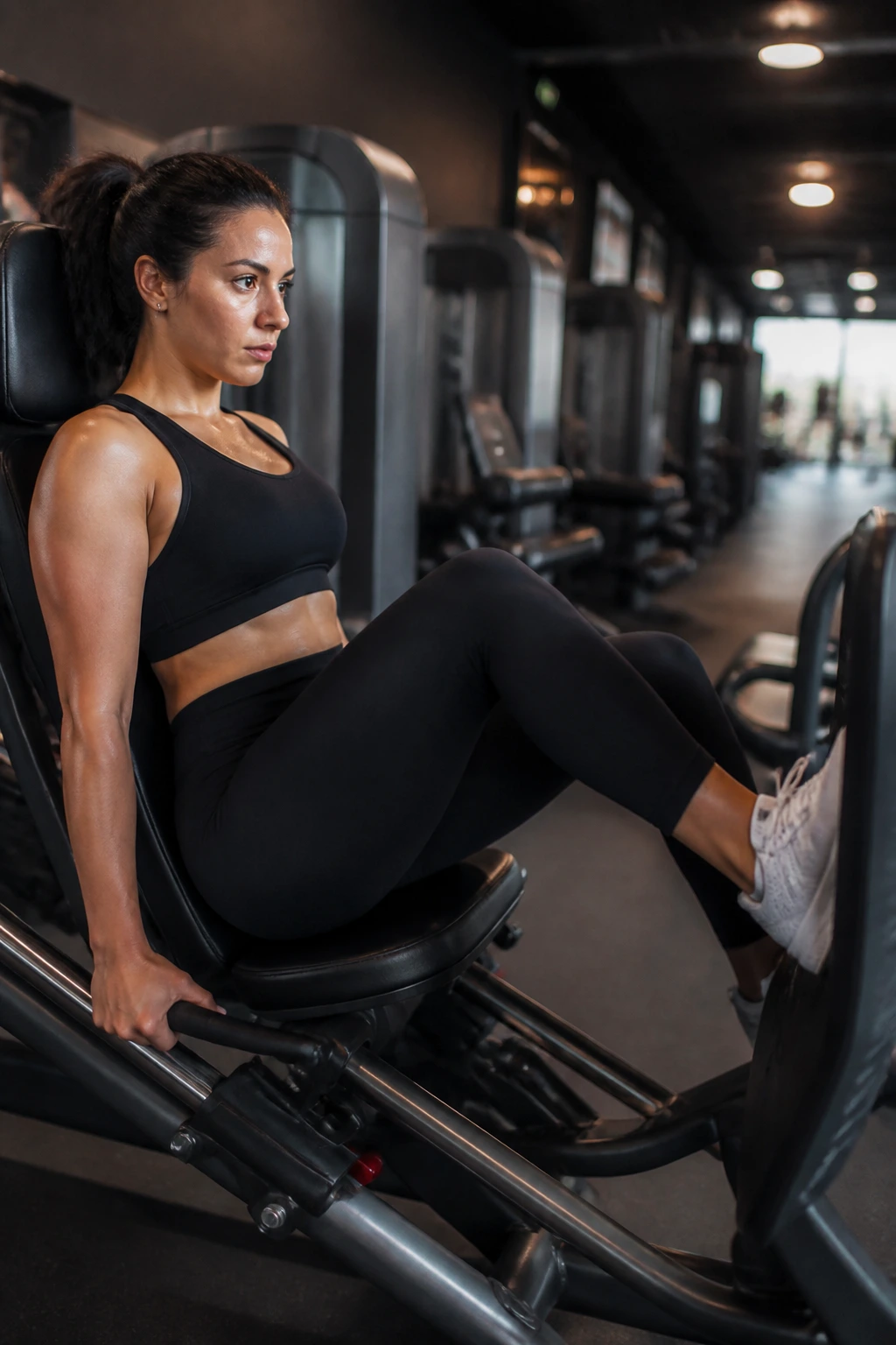 Close-up of a woman on a leg press machine in a gym