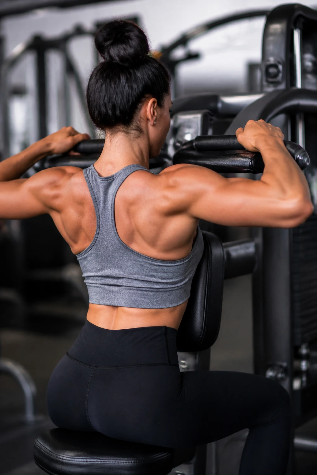 Person performing machine high row with elbows high and back engaged