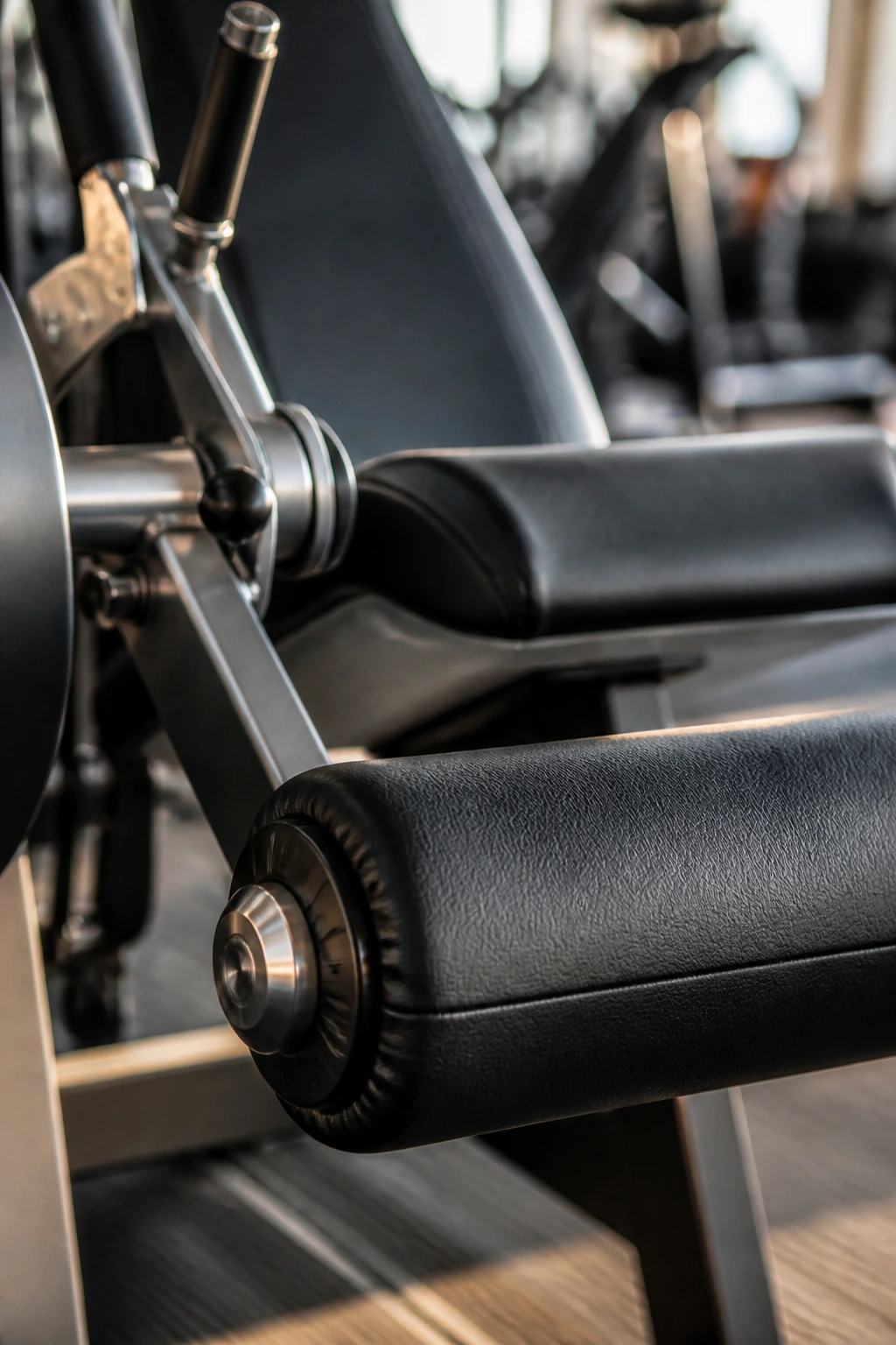 Close-up of leg extension machine pad and lever in a gym