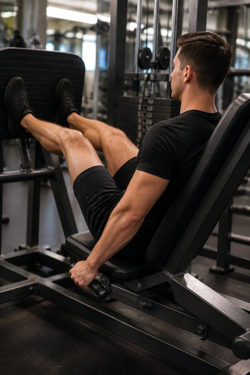 Person using leg press machine in gym for Machines-Only Confidence Builder